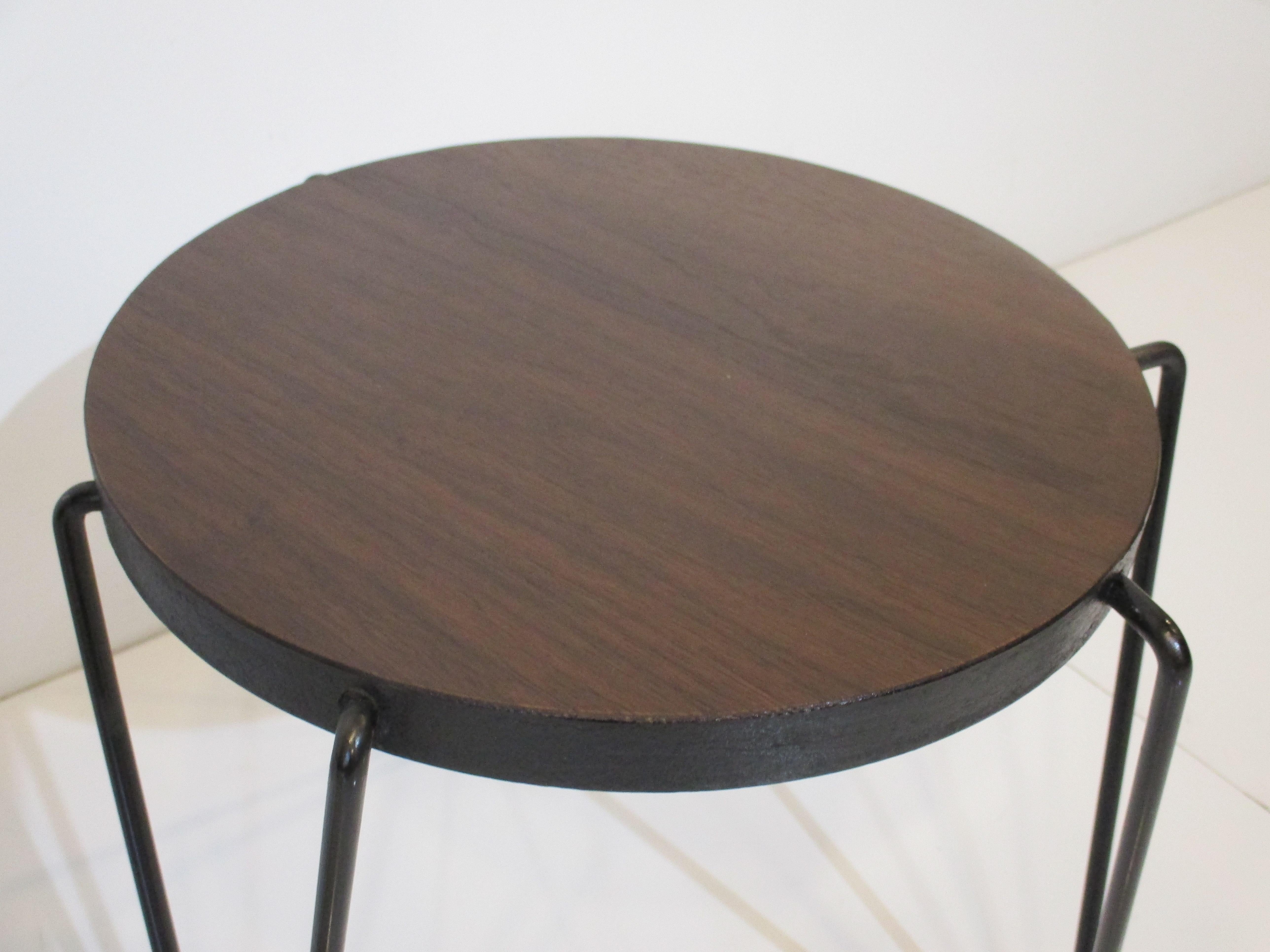 Iron Walnut Hairpin Leg Side Tables in the Style of Knoll