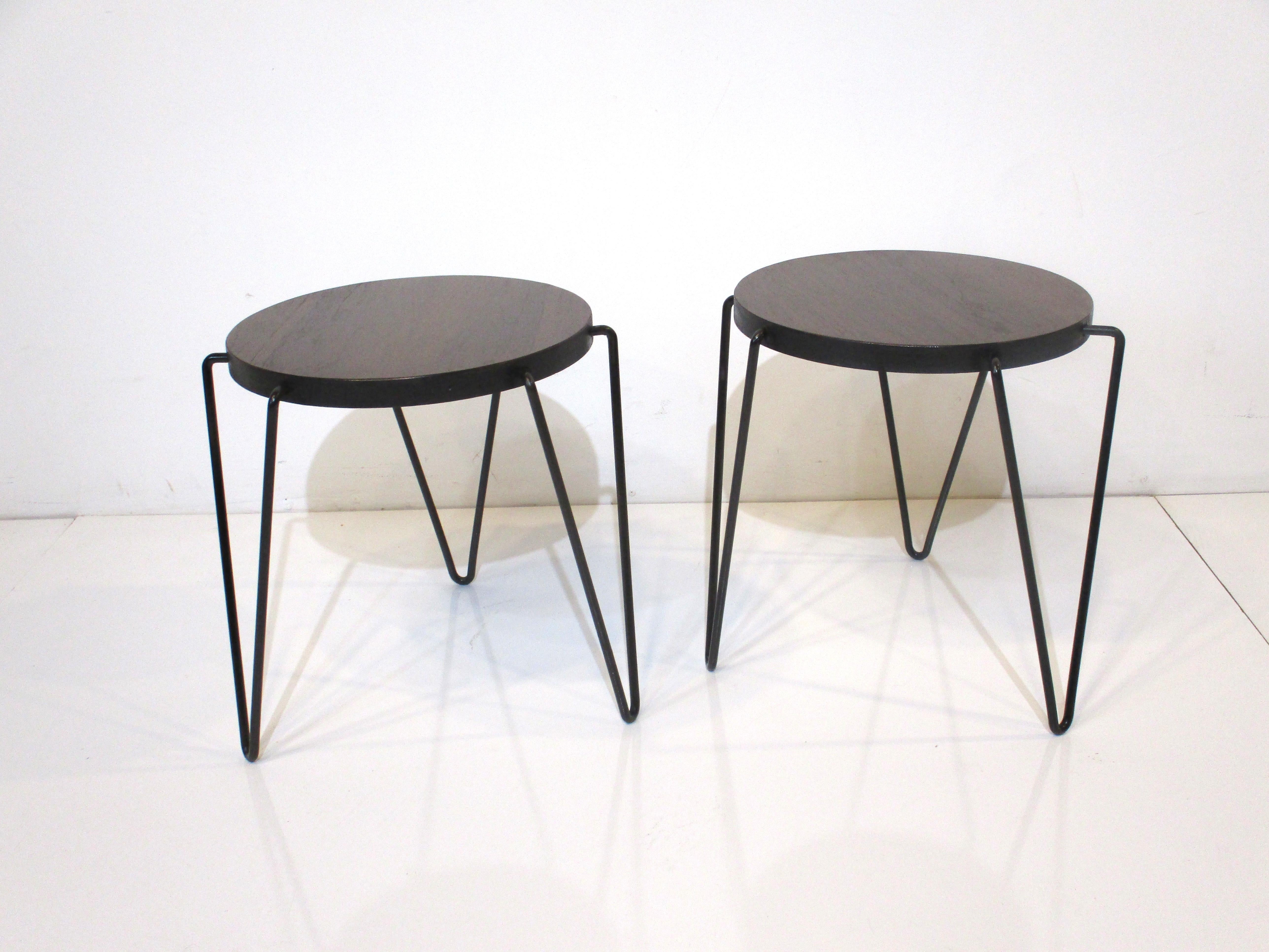 Walnut Hairpin Leg Side Tables in the Style of Knoll 2