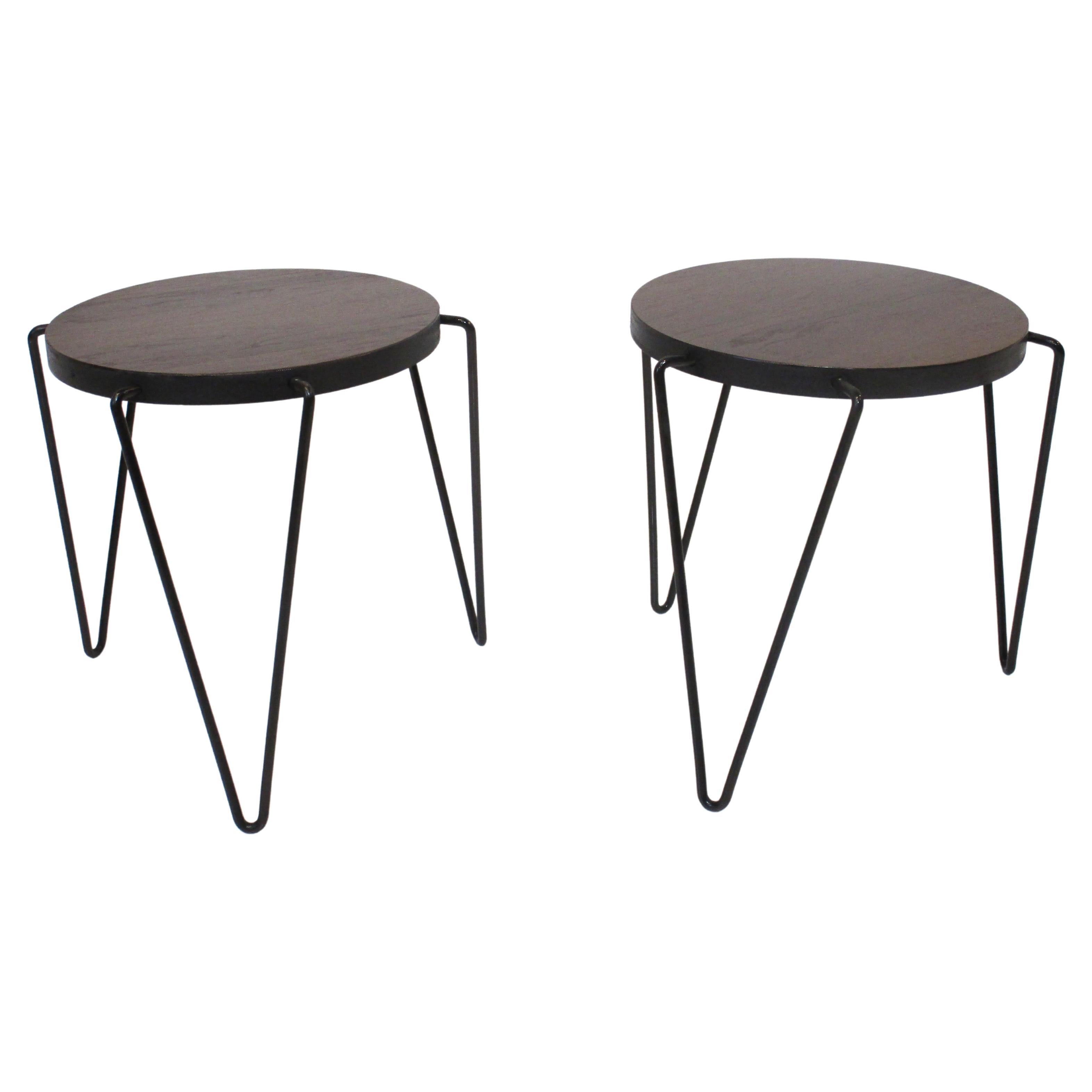 Walnut Hairpin Leg Side Tables in the Style of Knoll