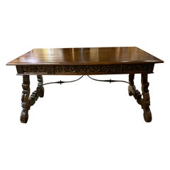 Walnut Hand Carved Desk from Spain with Iron Stretcher and Three Drawers