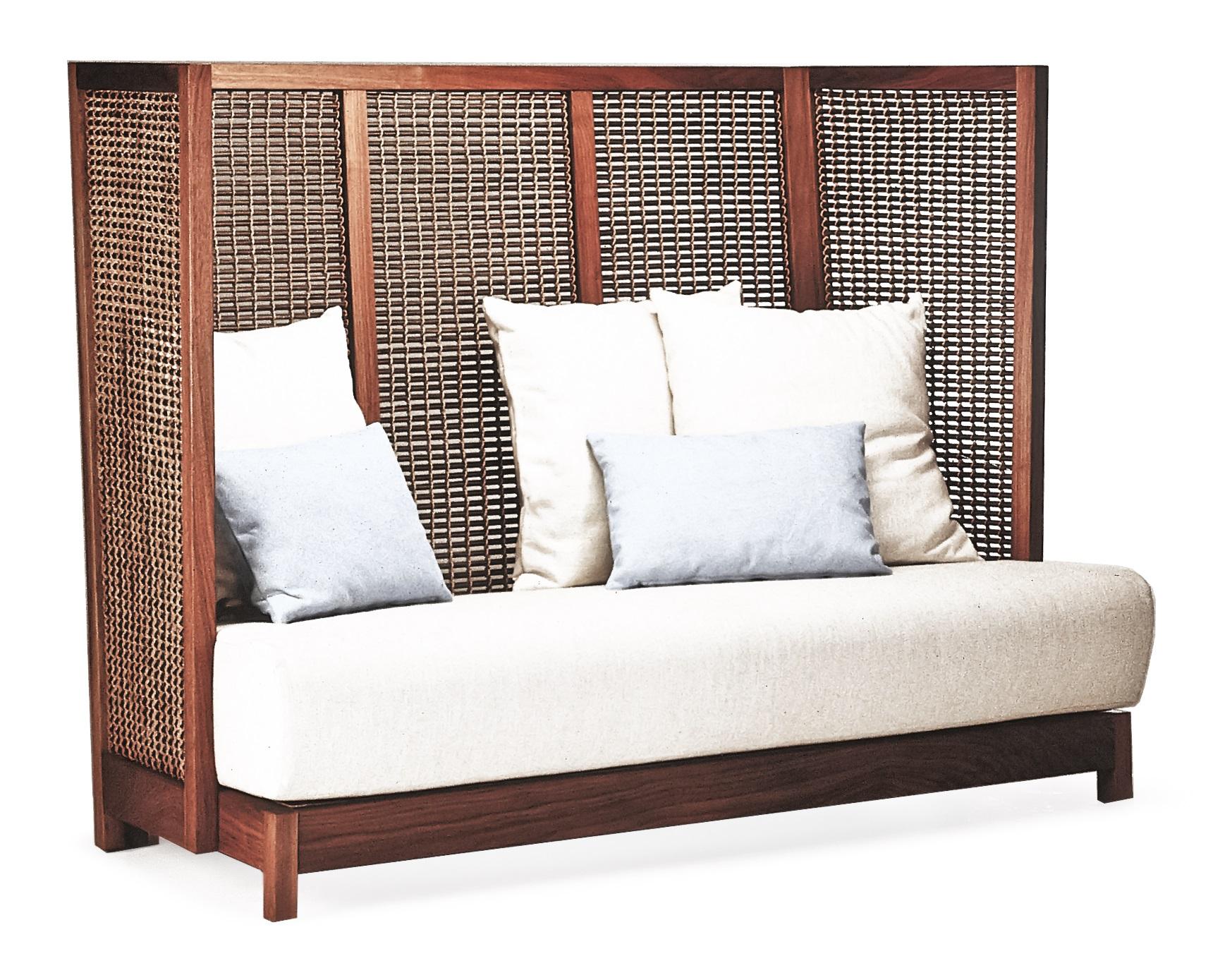 Walnut highback Suzy Wong loveseat by Kenneth Cobonpue.
Materials: Lampakanai, rattan, walnut. 
Also available in maple. 
Dimensions: 75 cm x 164.5 cm x H 122 cm

Woven panels create a feeling of intimacy as you and your guests indulge in