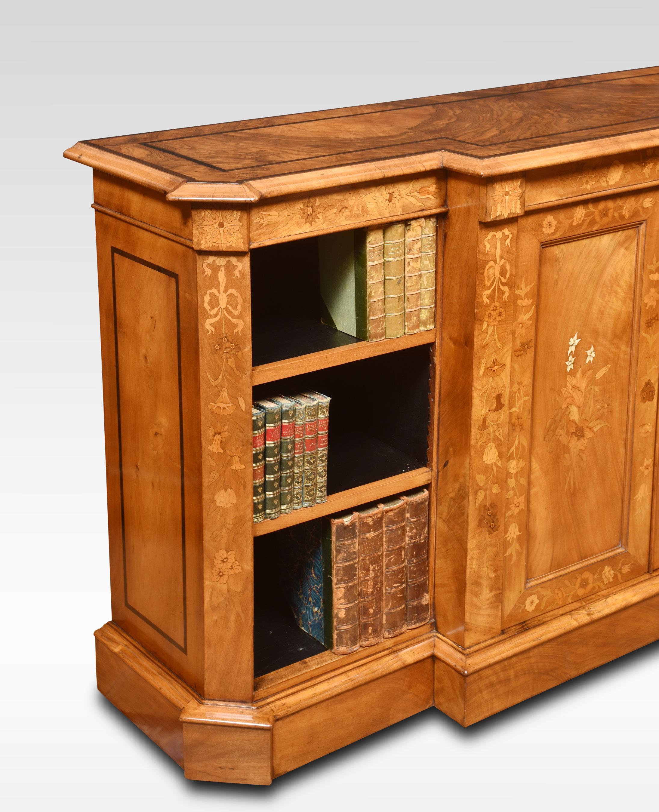 20th Century Walnut Inlaid Dwarf Breakfront Bookcase For Sale
