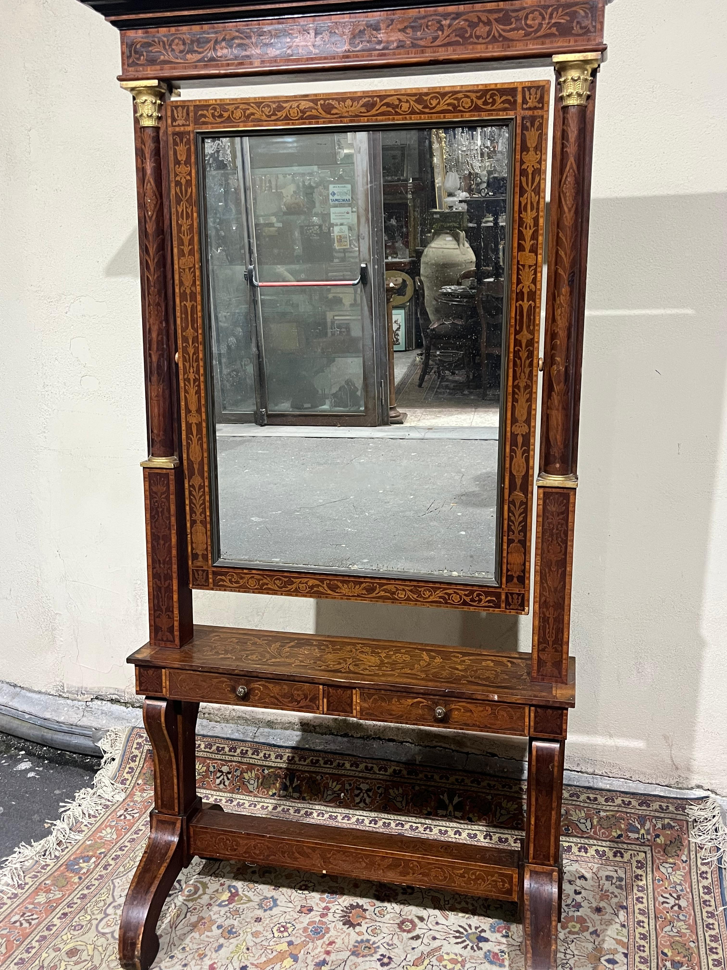 French Walnut inlaid psyche of Charles X For Sale