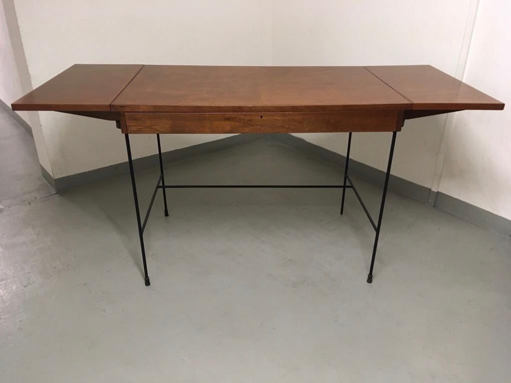 Mid-20th Century Walnut and Iron Architecte Extendable High Desk Table, circa 1950s