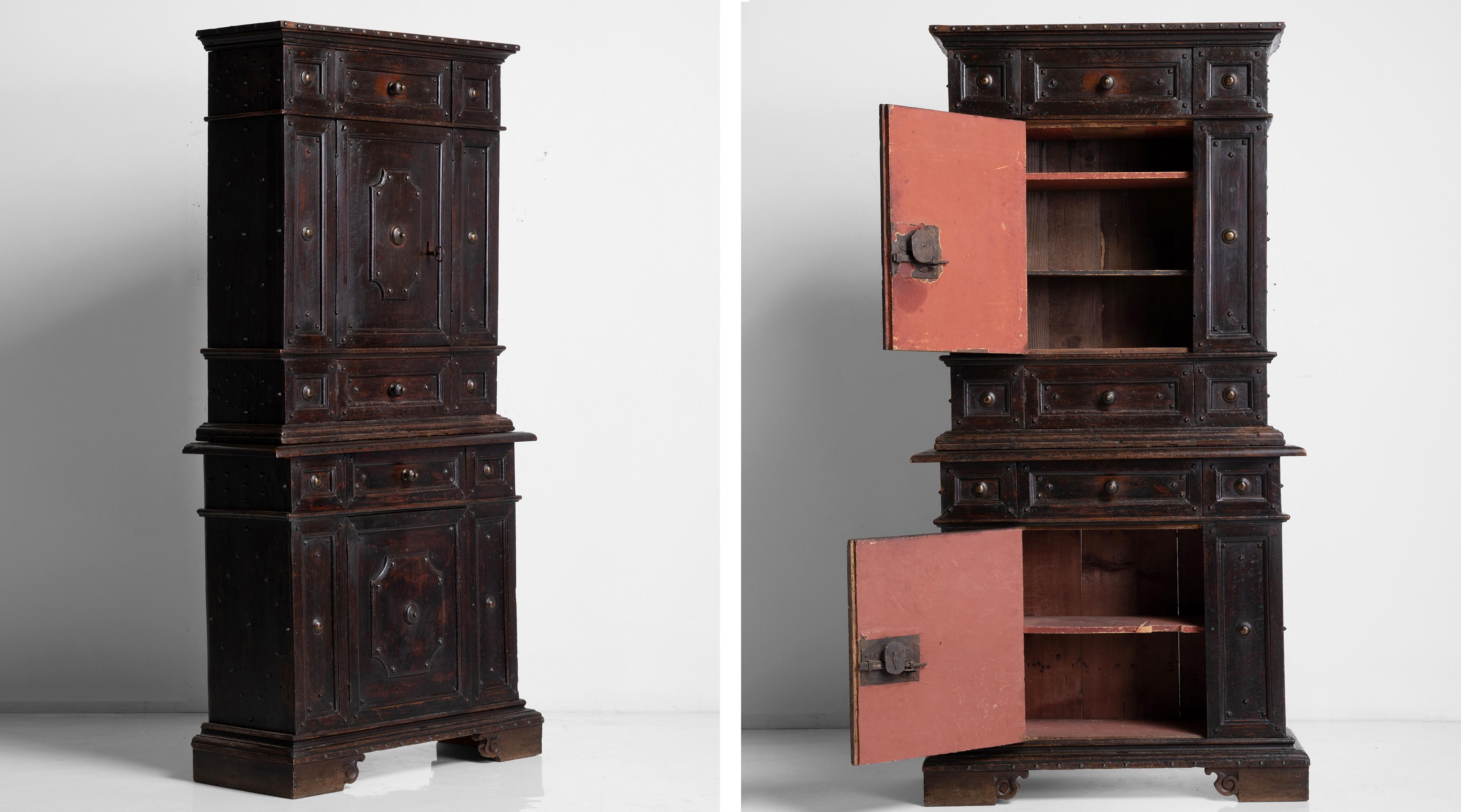 Walnut & iron studded cabinet

Italy Circa 1700

Two door cabinet with drawers for storage. Wrought iron details, turned knobs, and original period finish.

Measures: 34”W x 12.75”d x 66.75”h.