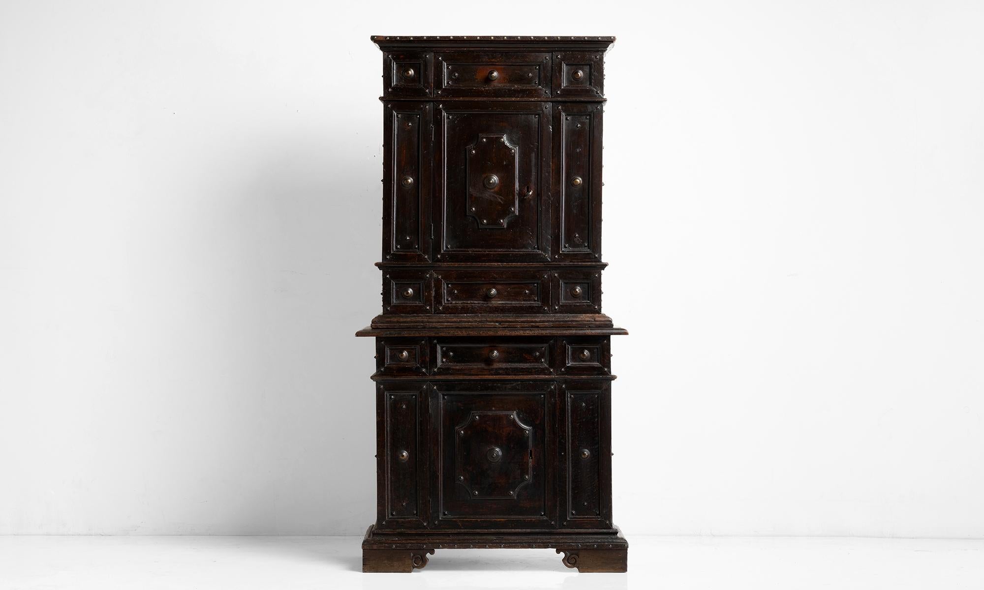 18th Century and Earlier Walnut & Iron Studded Cabinet, Italy Circa 1700