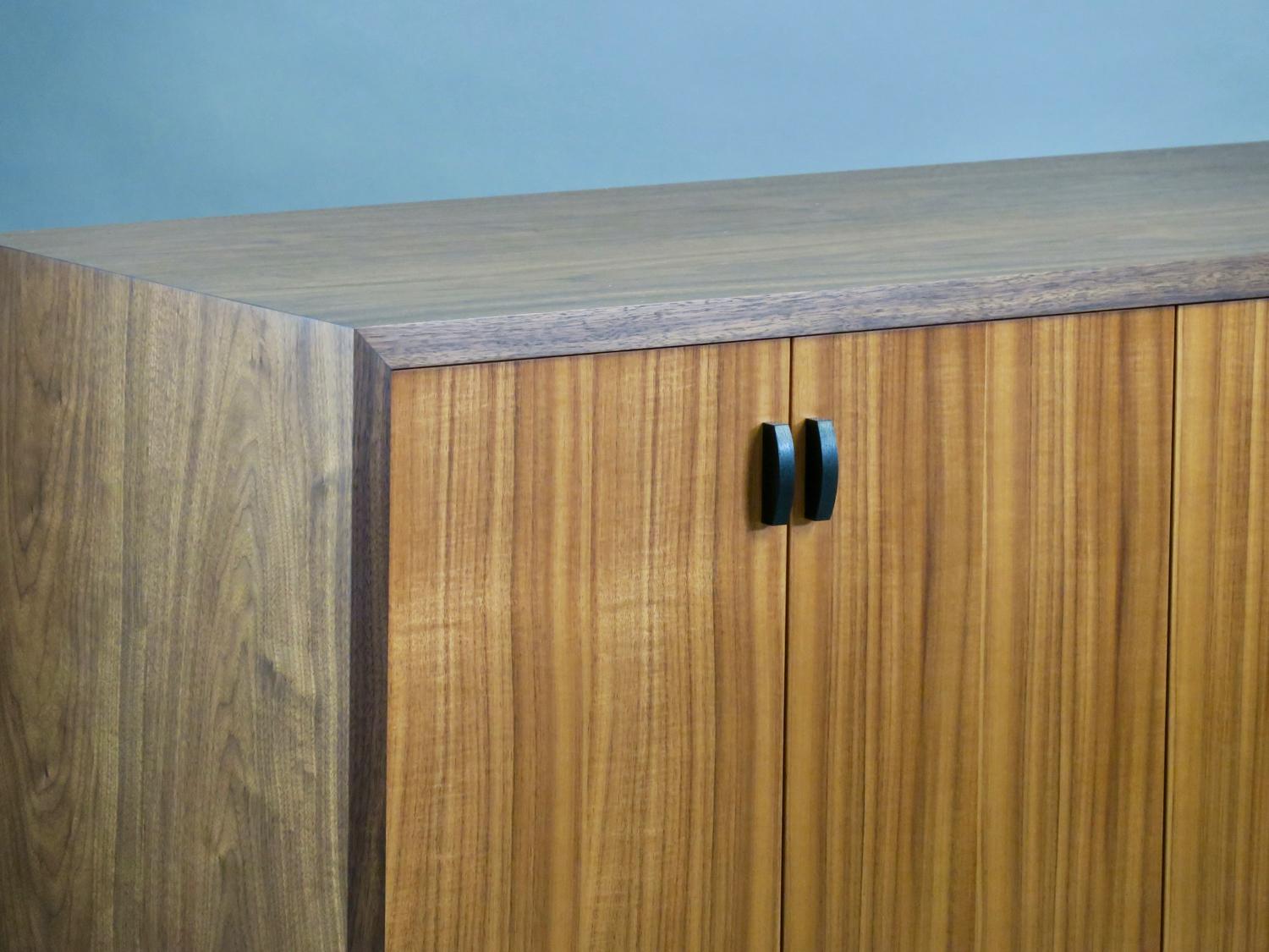 American Modern Walnut and Koa Credenza with Sculptural Legs by Thomas Throop - In Stock For Sale
