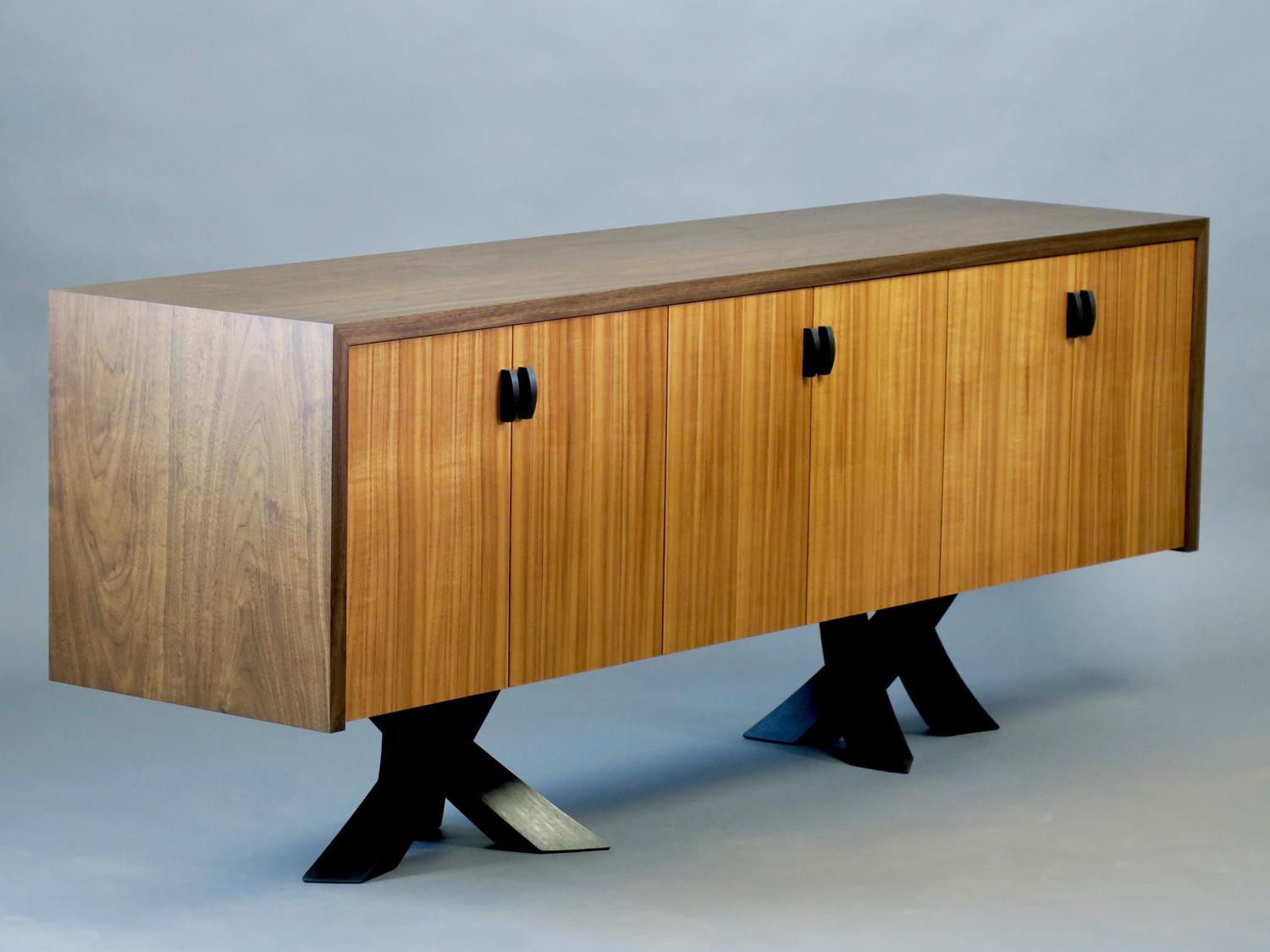 Ebonized Modern Walnut and Koa Credenza with Sculptural Legs by Thomas Throop - In Stock For Sale
