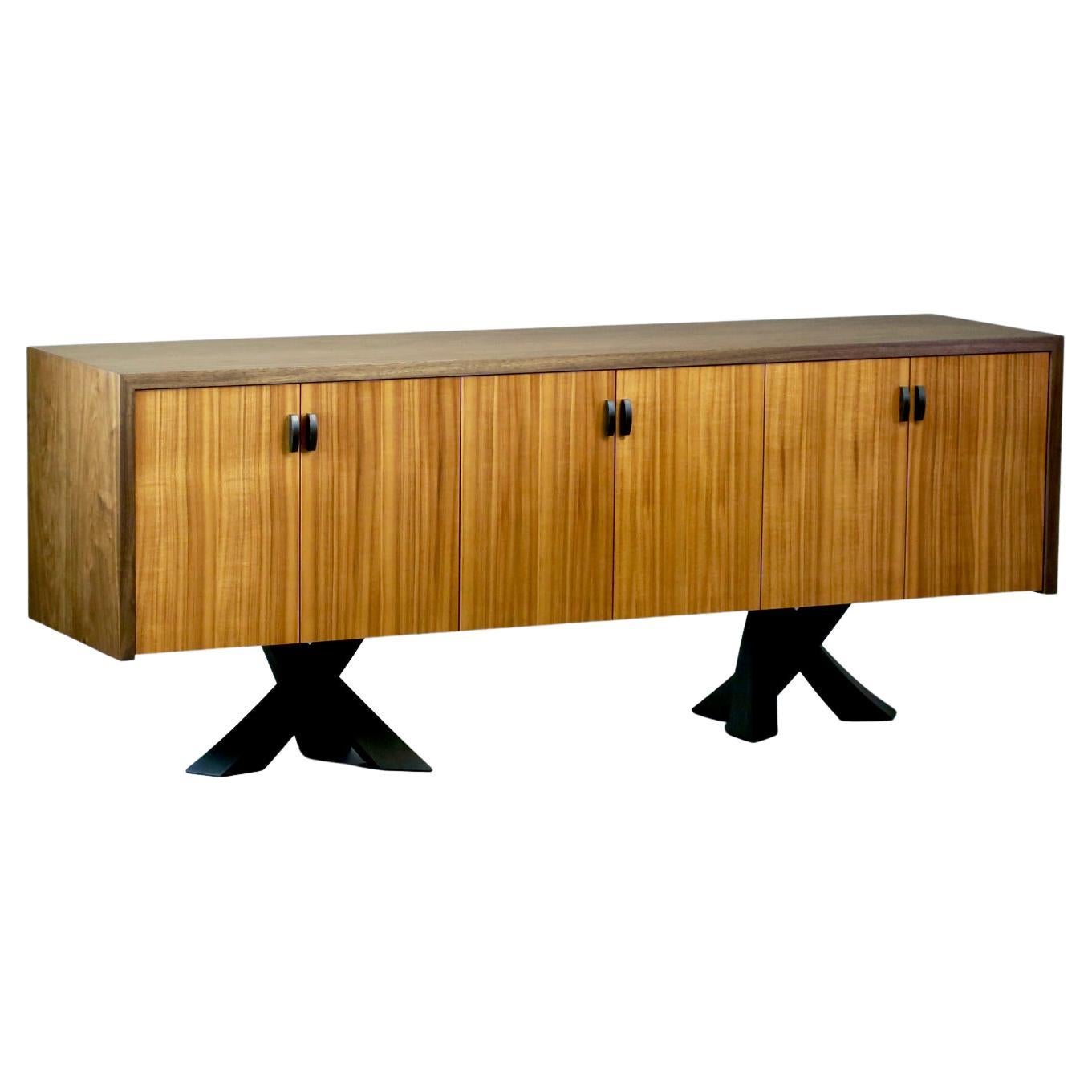 Modern Walnut and Koa Credenza with Sculptural Legs by Thomas Throop - In Stock For Sale