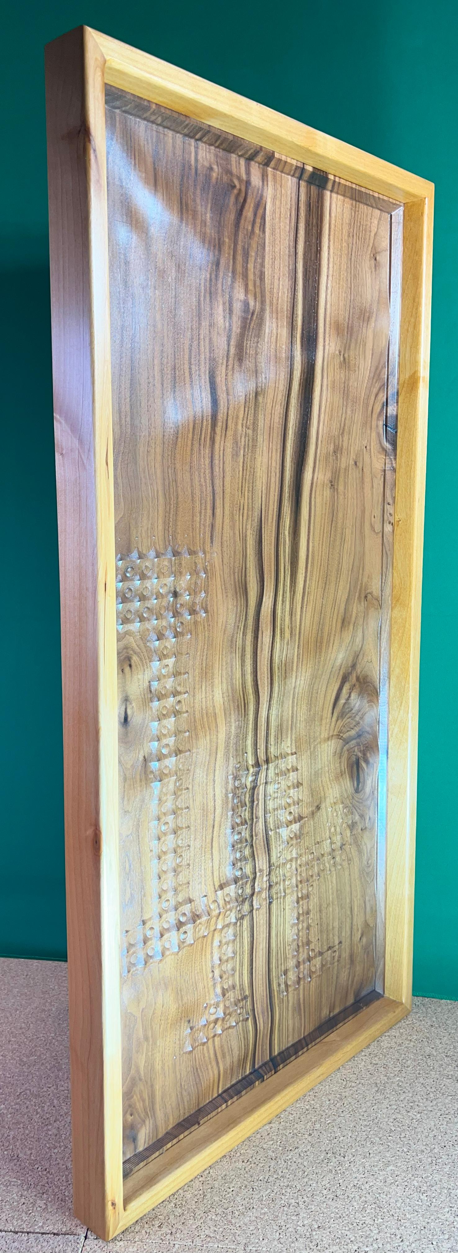 Carved Walnut LA wall art framed with Cherry in stock For Sale