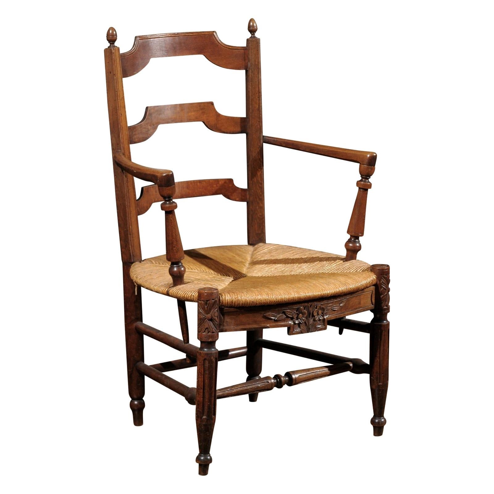 Walnut Ladderback Armchair with Rush Seat, France, circa 1865 For Sale