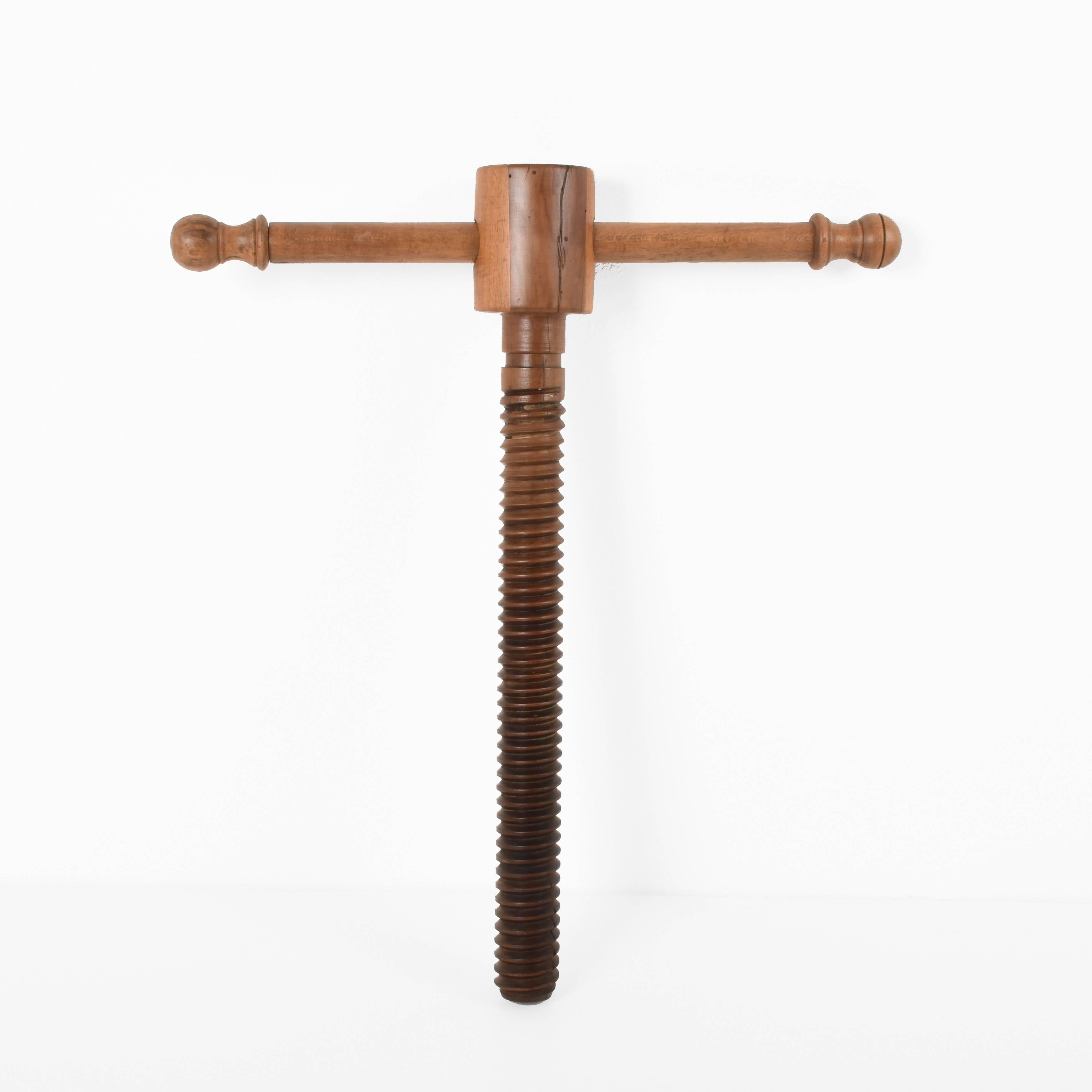 Grand Tour Walnut, Large Wooden Screw of a Wine Press, a Wooden Sculpture, Italy 1900s For Sale