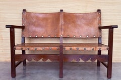 Walnut Leather Brown Spanish Sofa, Bench  18th Century Baroque Cordoba Ironwork