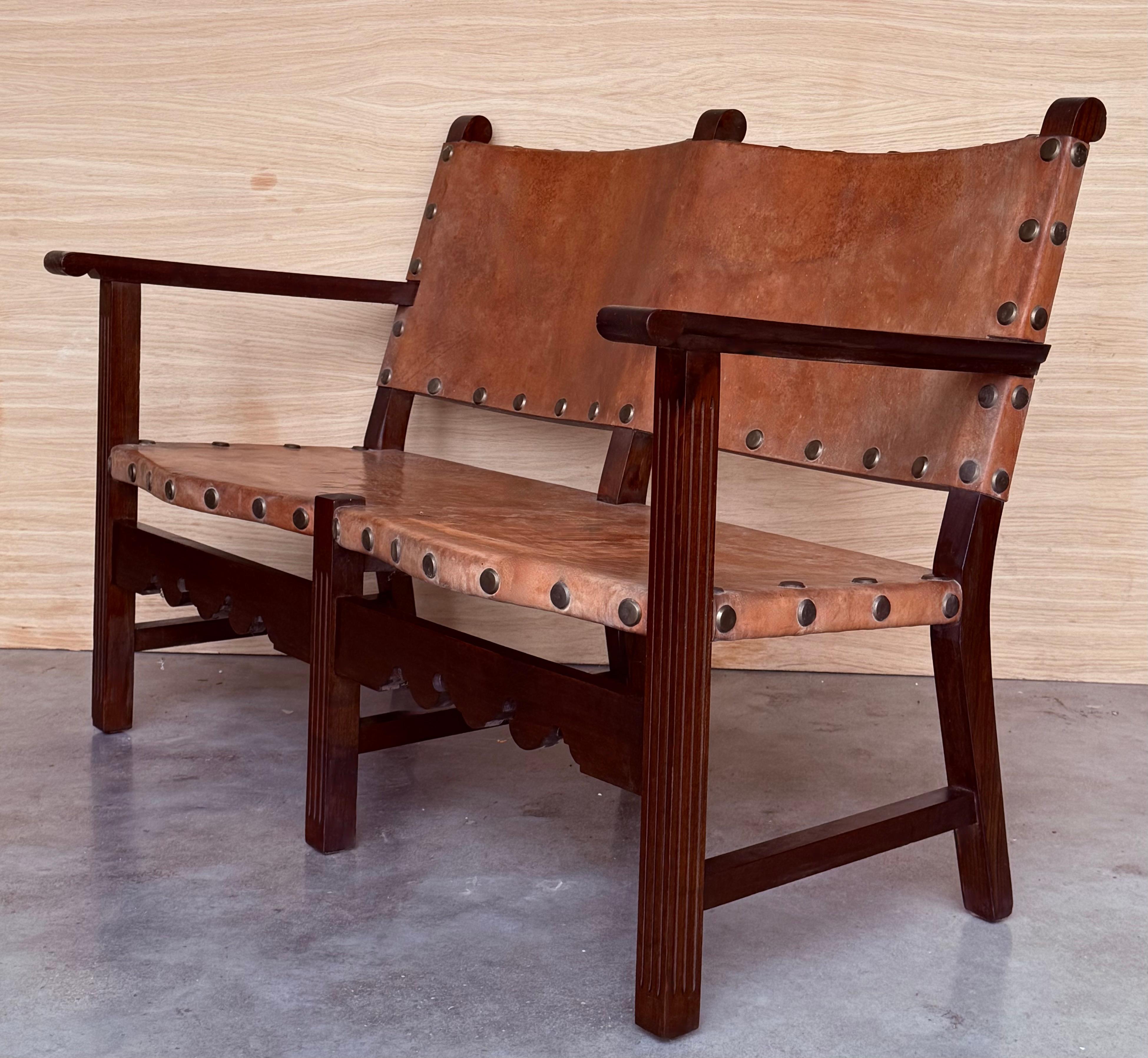 Canapé, banquette en cuir de noyer Brown  Ferronnerie baroque du 18e siècle de Cordoba Bon état - En vente à Miami, FL