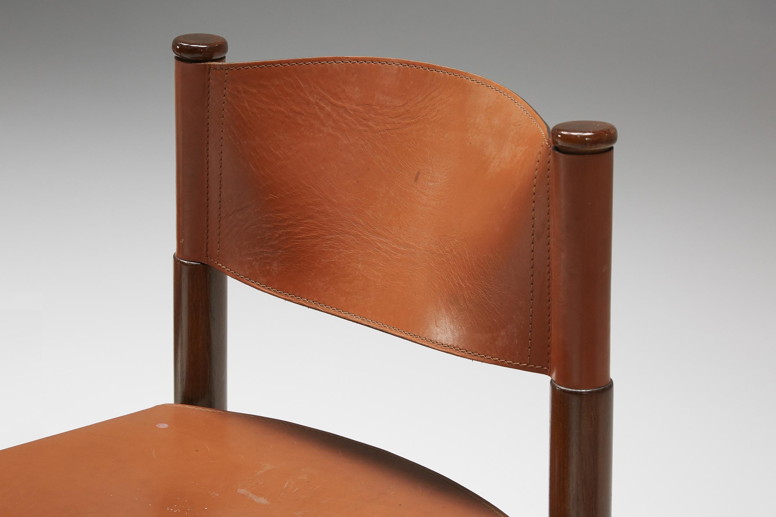 Scarpa Style Walnut & Leather Dining Chairs, Italian design, rustic twist 5