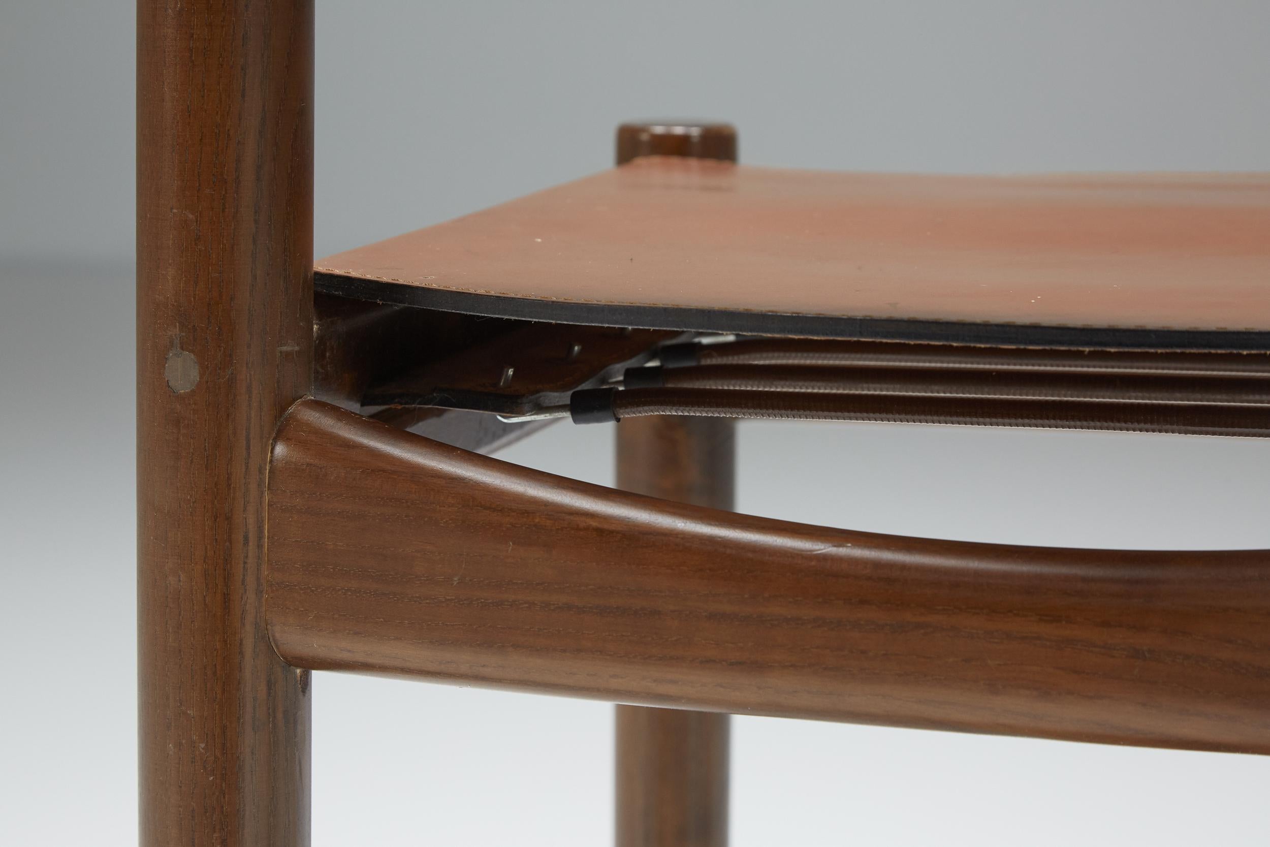 Scarpa Style Walnut & Leather Dining Chairs, Italian design, rustic twist 7