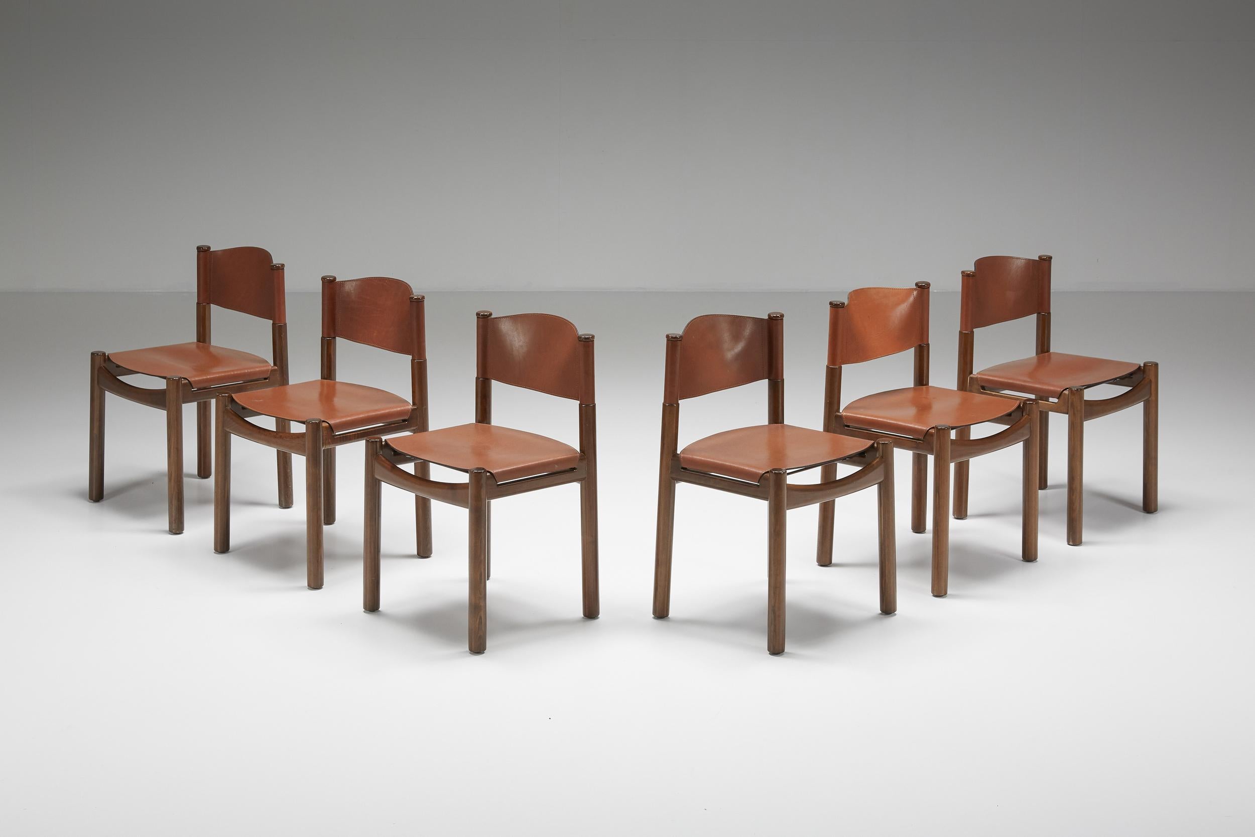 Mid-Century Modern Scarpa Style Walnut & Leather Dining Chairs, Italian design, rustic twist