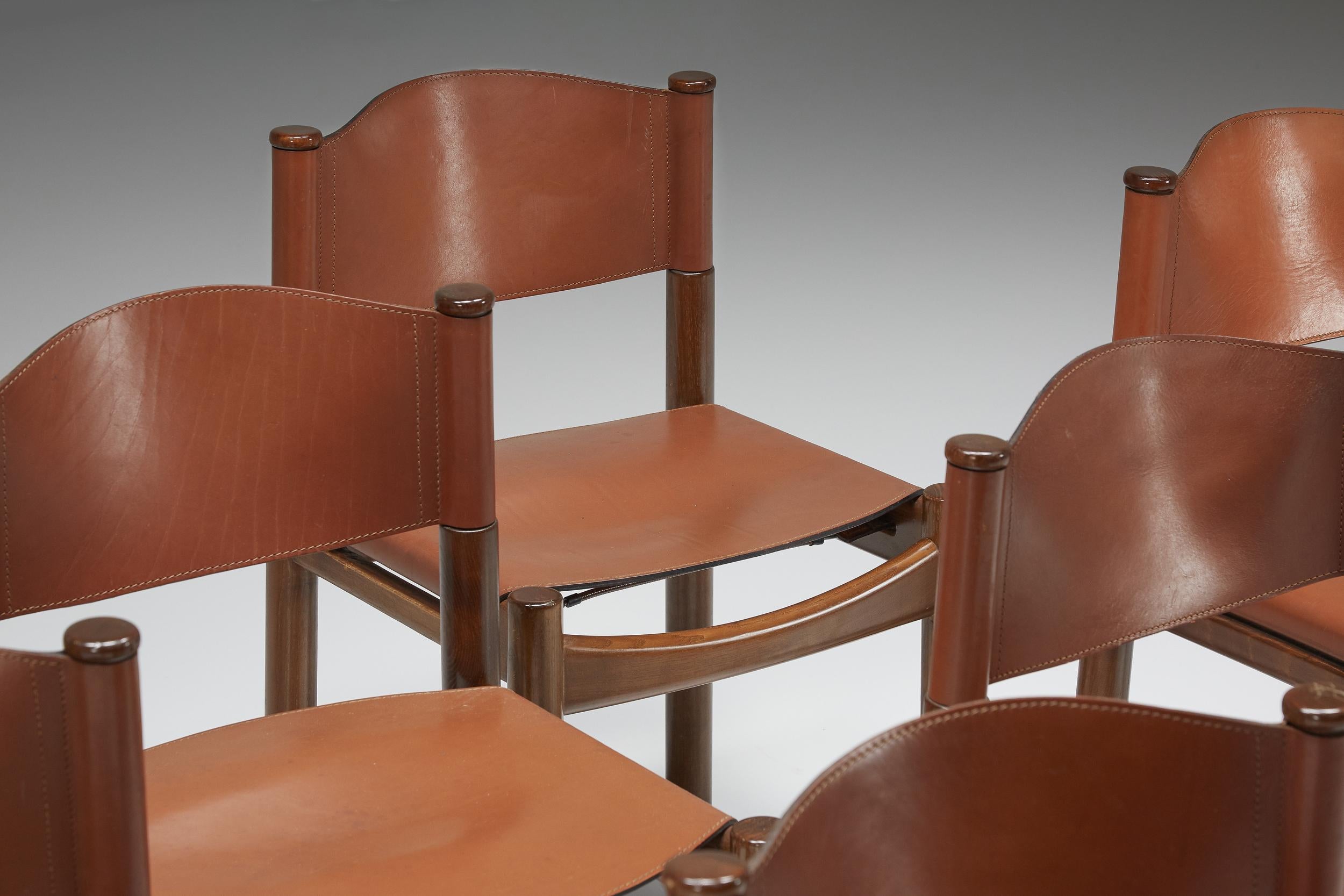 Mid-20th Century Scarpa Style Walnut & Leather Dining Chairs, Italian design, rustic twist