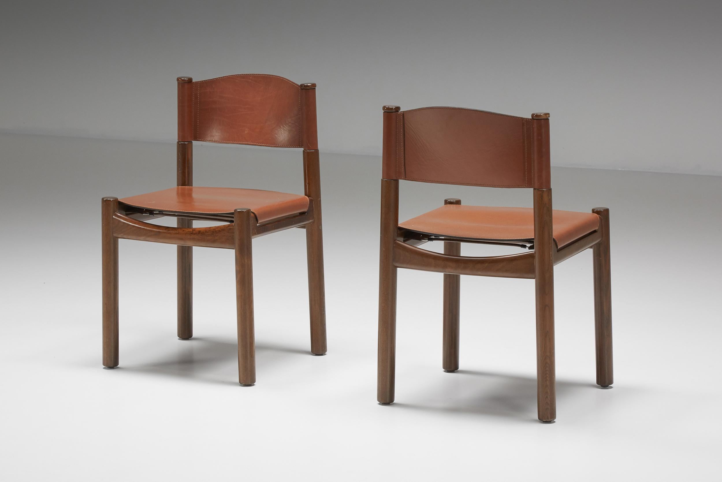 Scarpa Style Walnut & Leather Dining Chairs, Italian design, rustic twist 1
