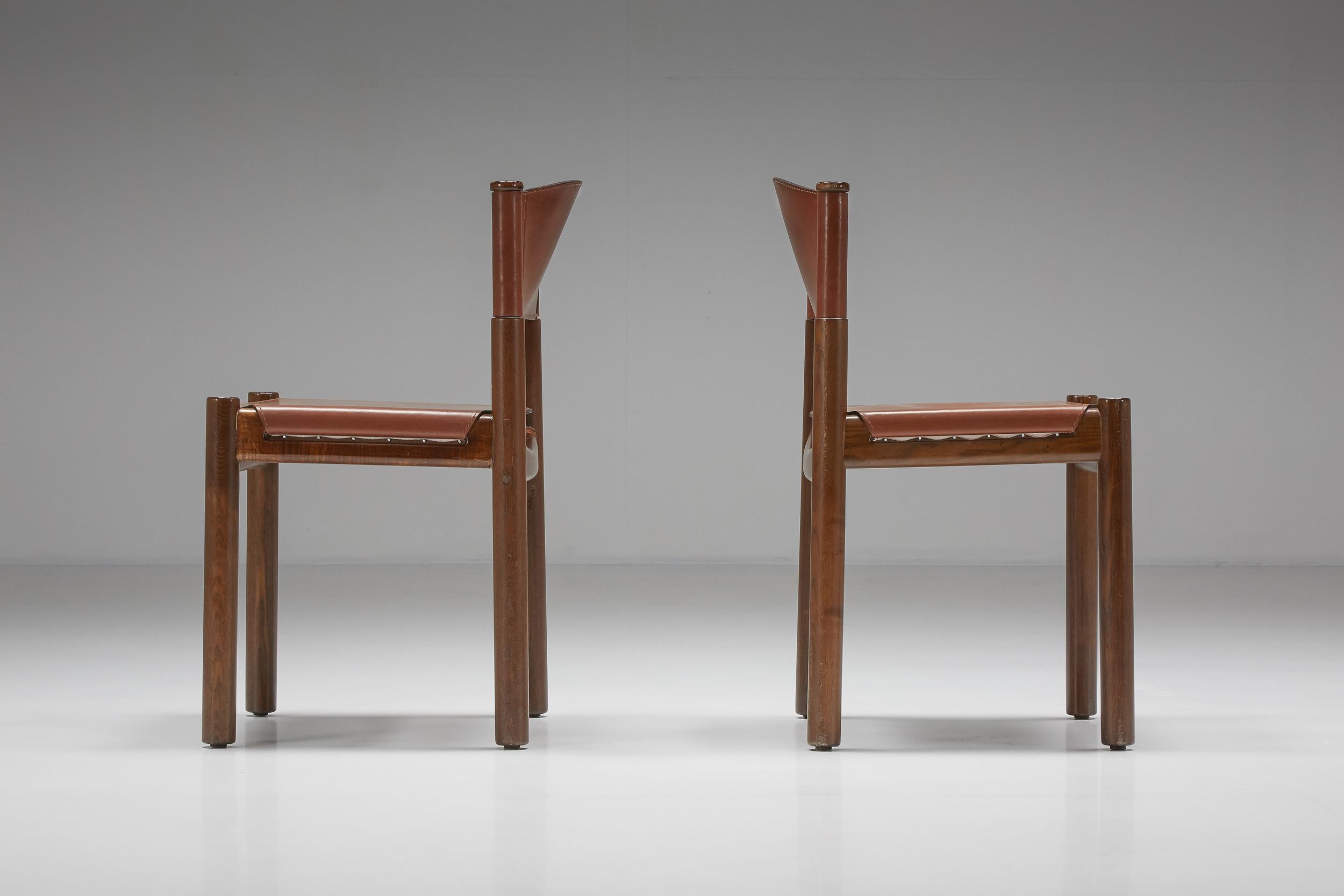 Scarpa Style Walnut & Leather Dining Chairs, Italian design, rustic twist 2
