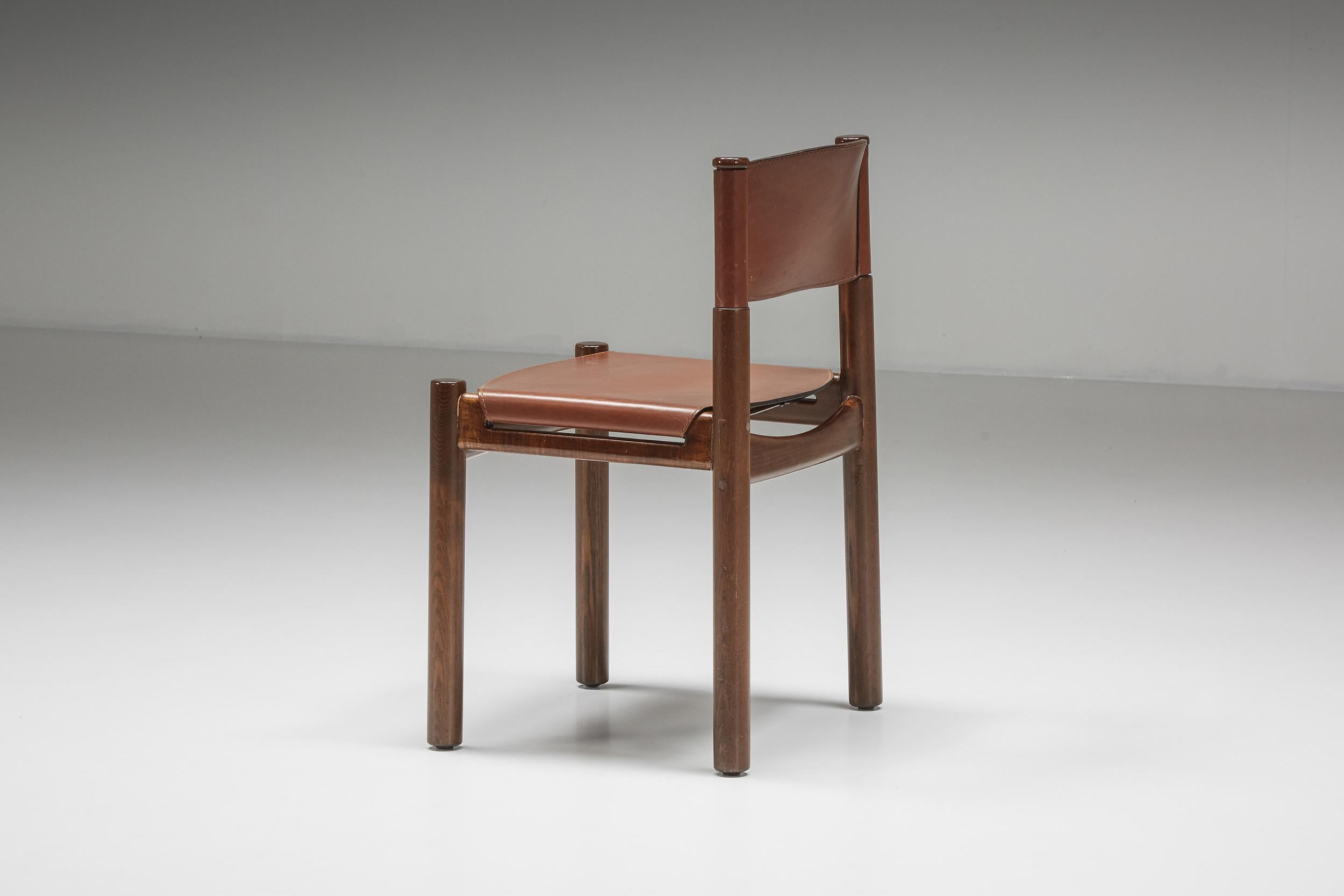 Scarpa Style Walnut & Leather Dining Chairs, Italian design, rustic twist 3