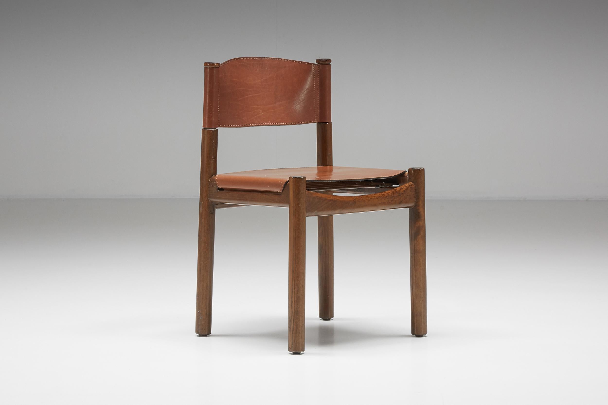 Scarpa Style Walnut & Leather Dining Chairs, Italian design, rustic twist 4