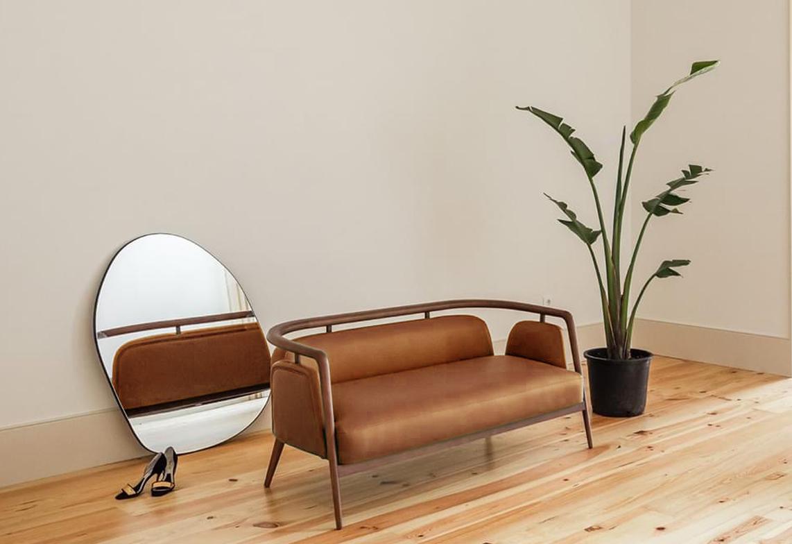 Scandinavian Modern Walnut, Leather Modern Essex Sofa For Sale