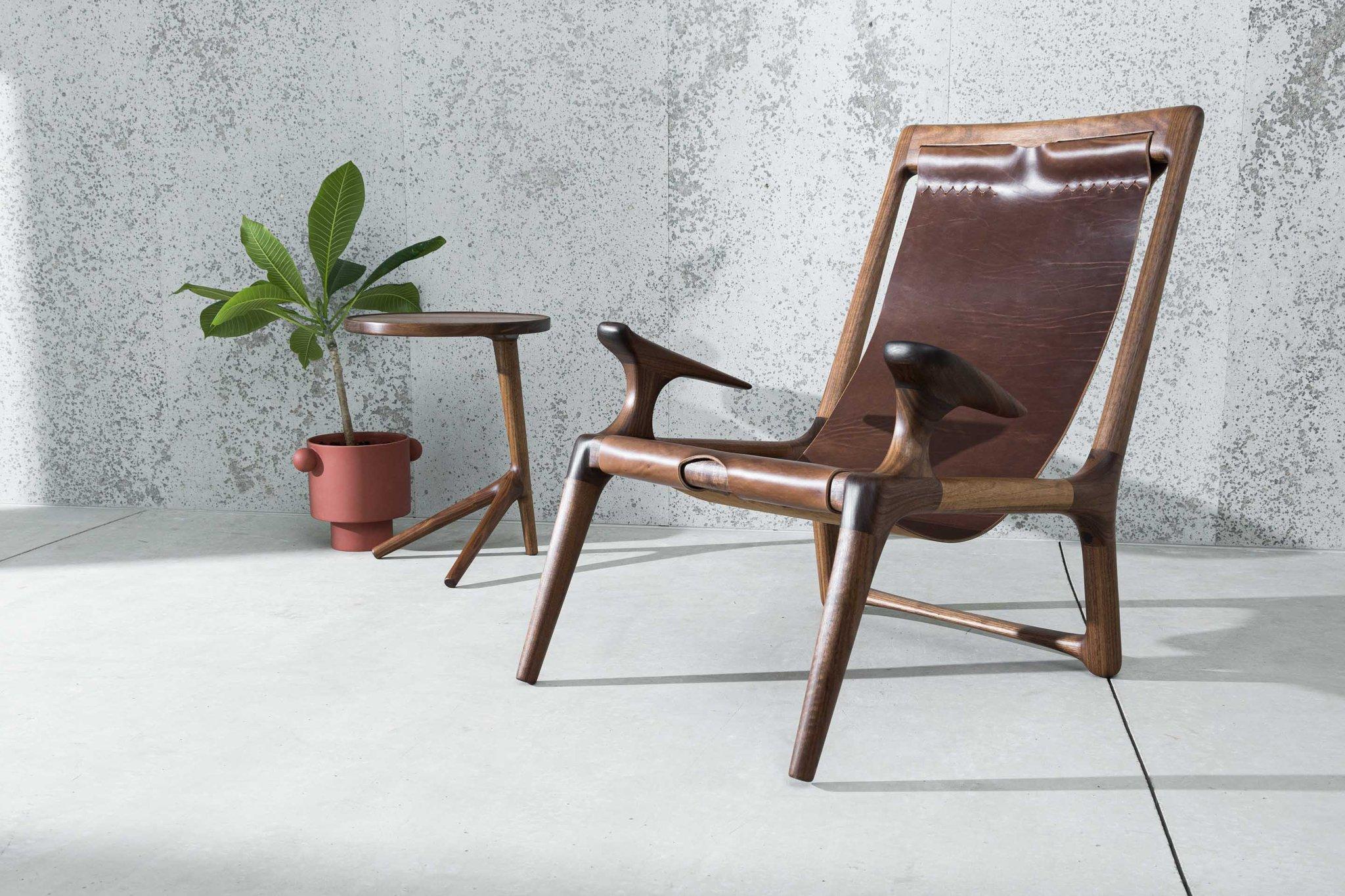 American Walnut & Leather Sling Chair by Fernweh Woodworking For Sale