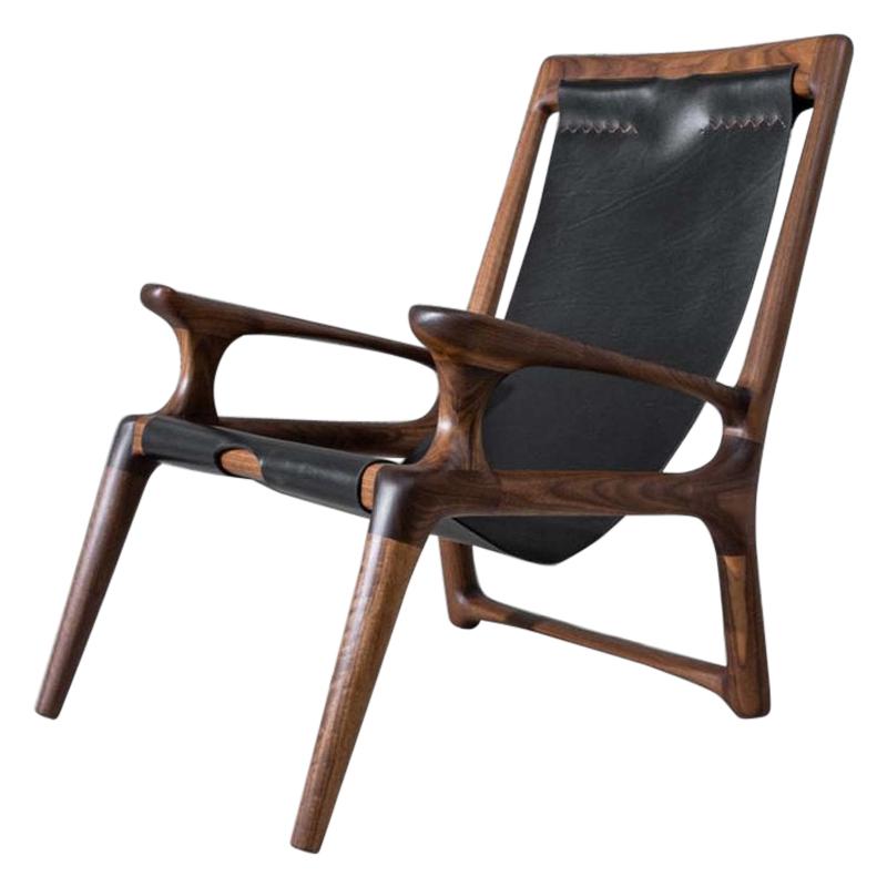 Lounge and Accent Sling Chair, Walnut and Brown Leather by Fernweh
