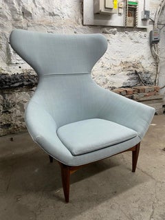 Walnut & Light Blue Linen Wingback Chair Attributed to Adrian Pearsall