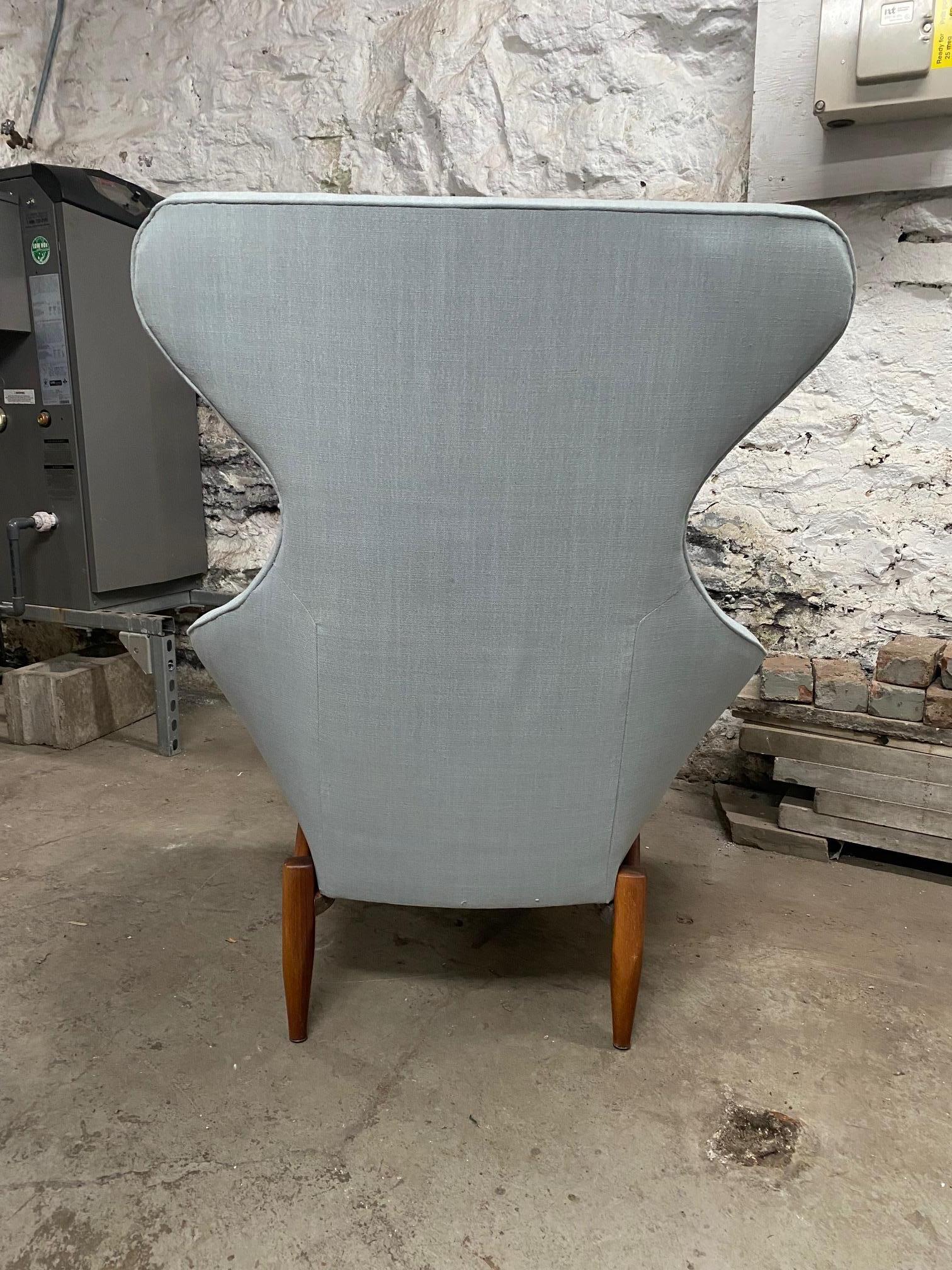 Walnut & Light Blue Linen Wingback Chair Attributed to Adrian Pearsall For Sale 1