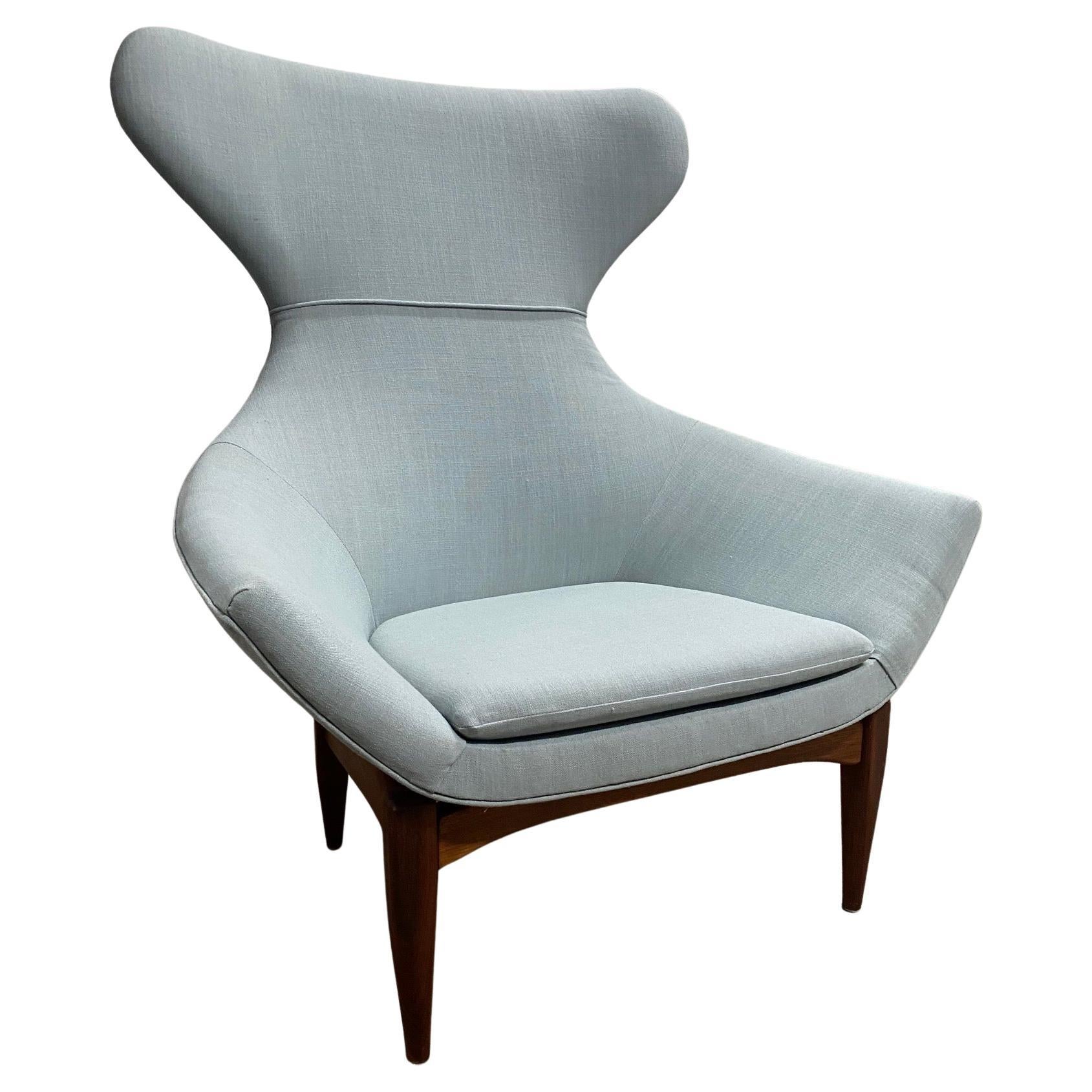 Walnut & Light Blue Linen Wingback Chair Attributed to Adrian Pearsall For Sale