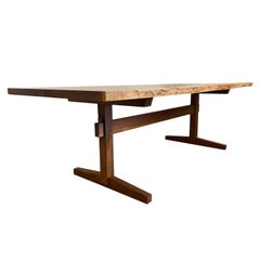 Antique Walnut Live-Edge Slab Mid-Century Style Sen Trestle Table by New York Heartwoods