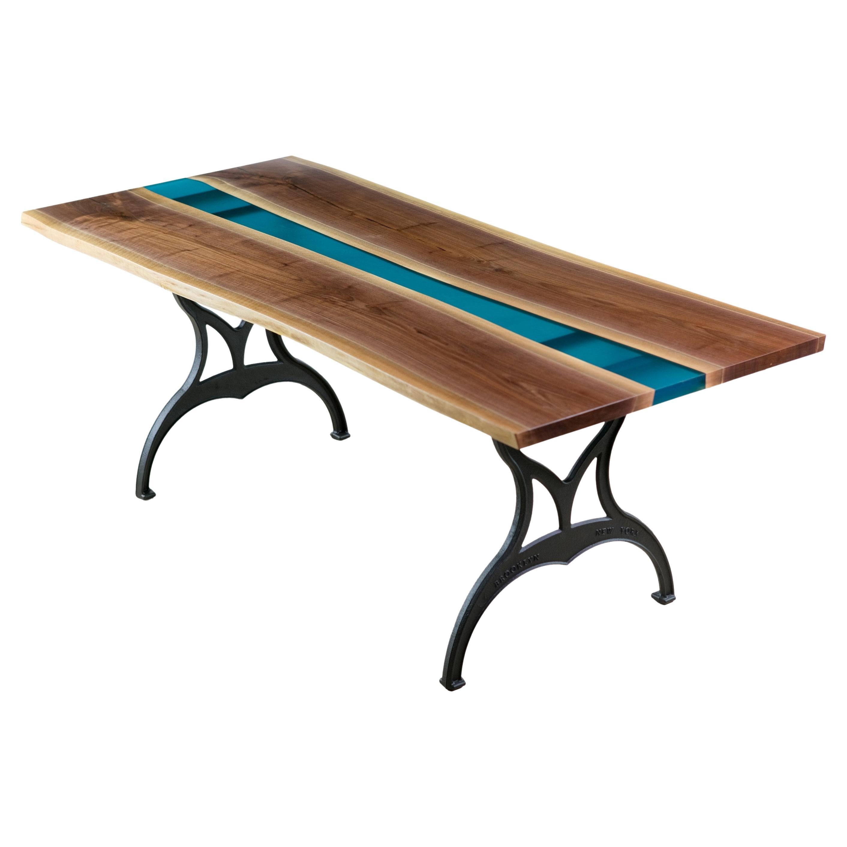 Walnut Live Edge Table w Blue Resin Details Industrial Legs Cast Iron