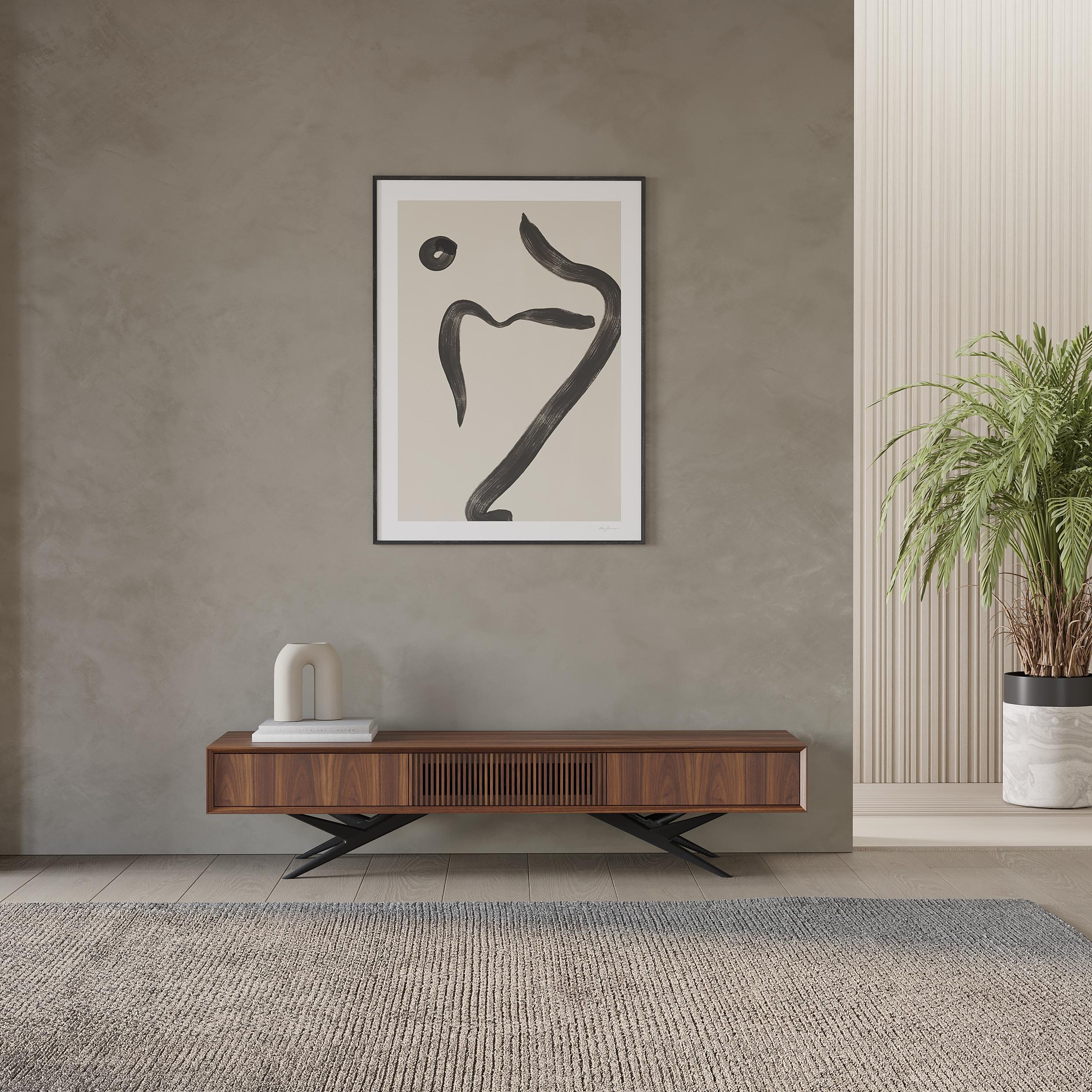 Beautiful walnut long tv stand with slatted door, two drawers and organic shape base in mid century modern style.
The middle door is slatted - perfect as TV stand. Cable hole behind slatted door.
Sideboard made of solid American walnut wood and wood