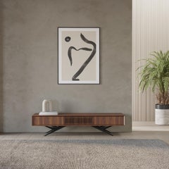 Walnut long TV stand lowboard with slatted door in mid century modern style