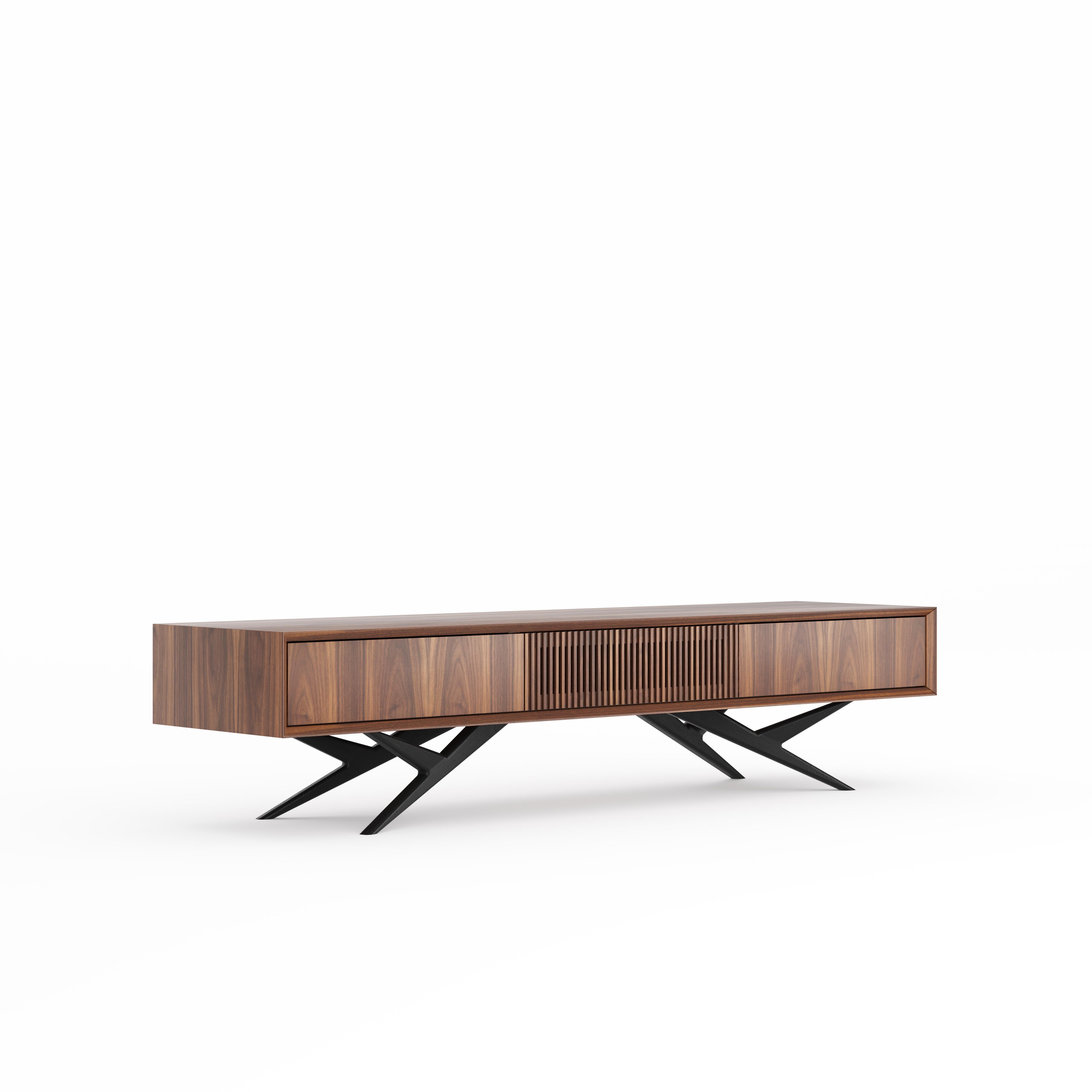 Mid-Century Modern Walnut long TV stand lowboard with slatted door in mid century modern style For Sale