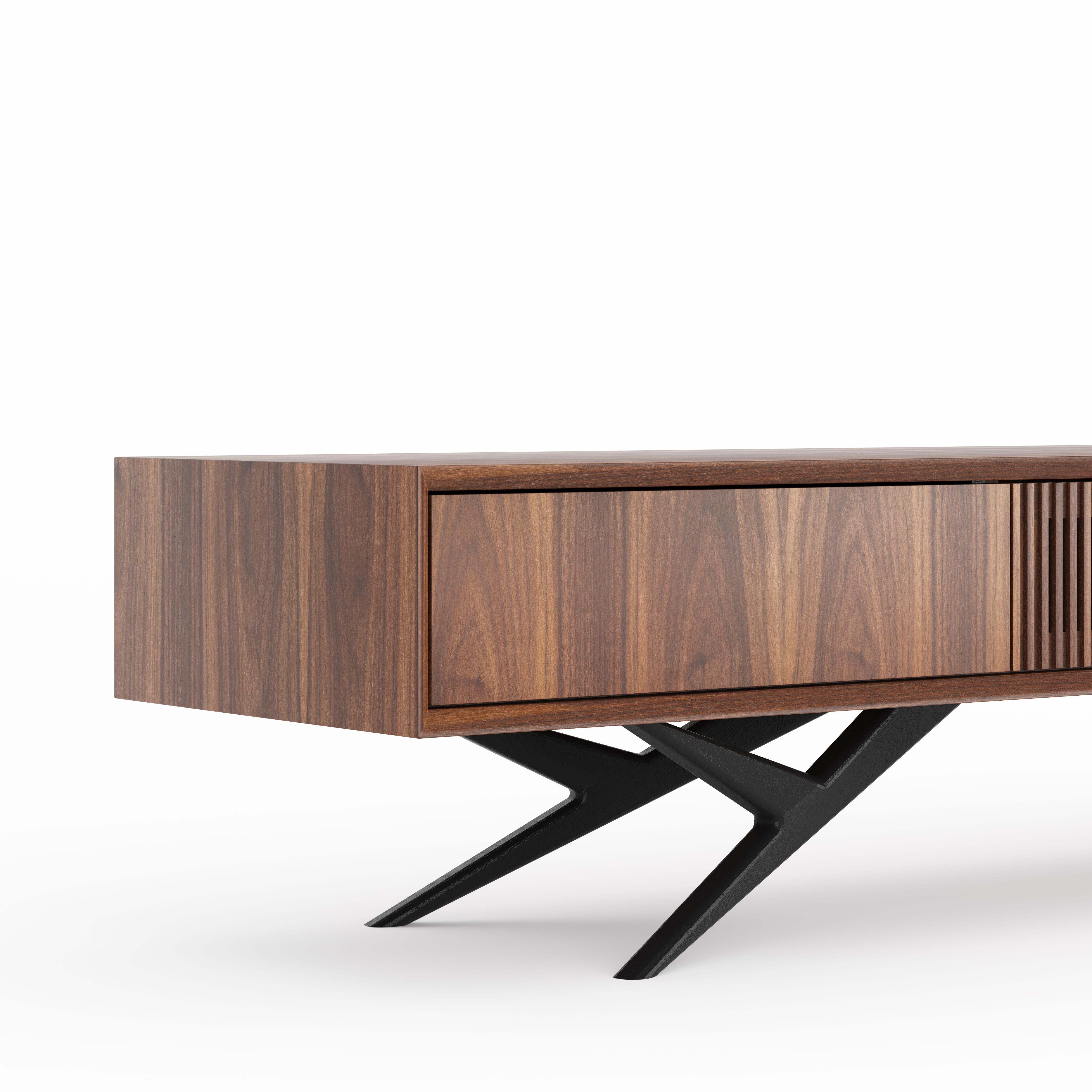 Polish Walnut long TV stand lowboard with slatted door in mid century modern style For Sale