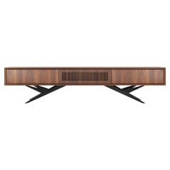 Walnut long TV stand lowboard with slatted door in mid century modern style