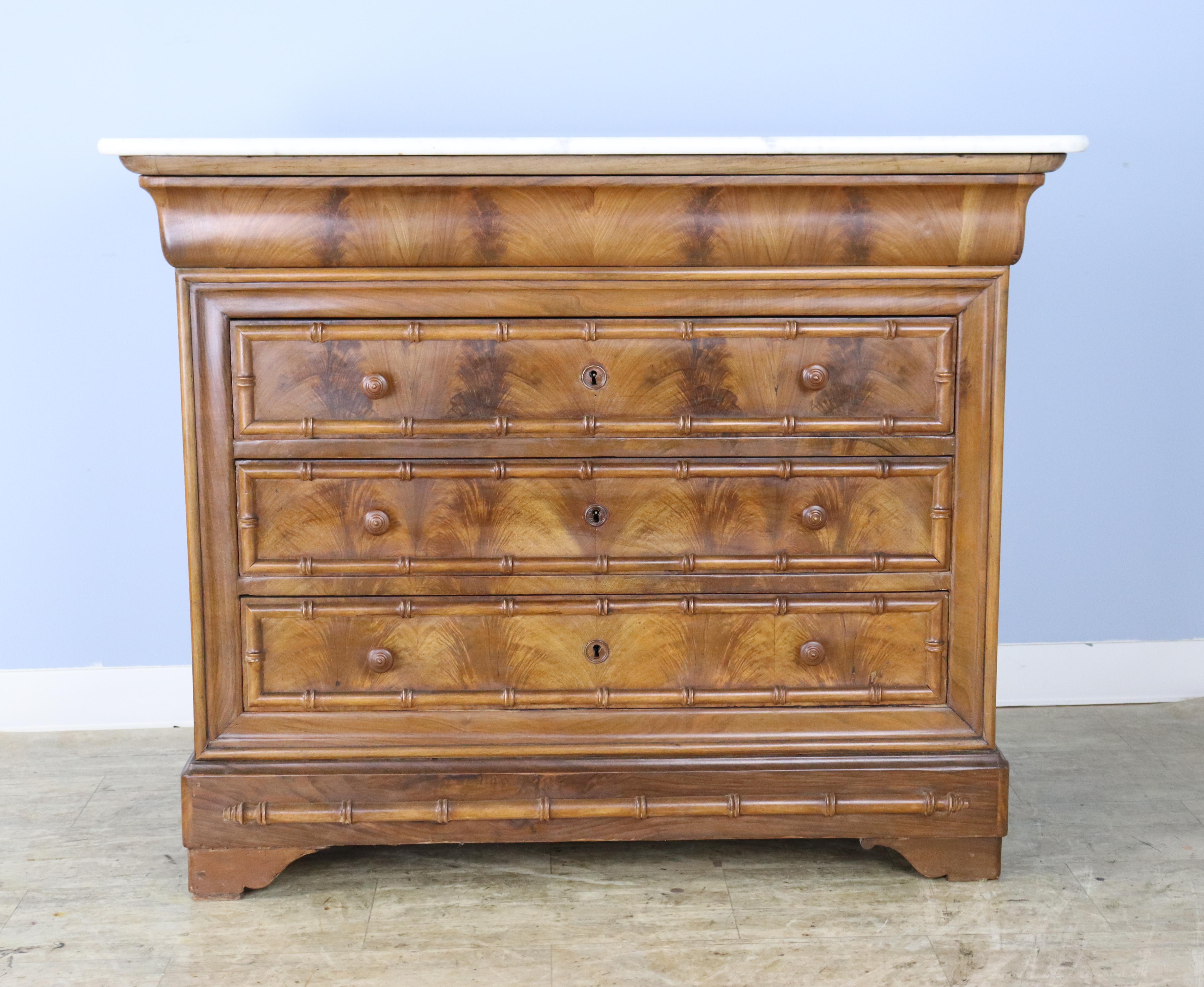 French Walnut Louis Philippe Commode with Bamboo Mouldings and Marble Top For Sale