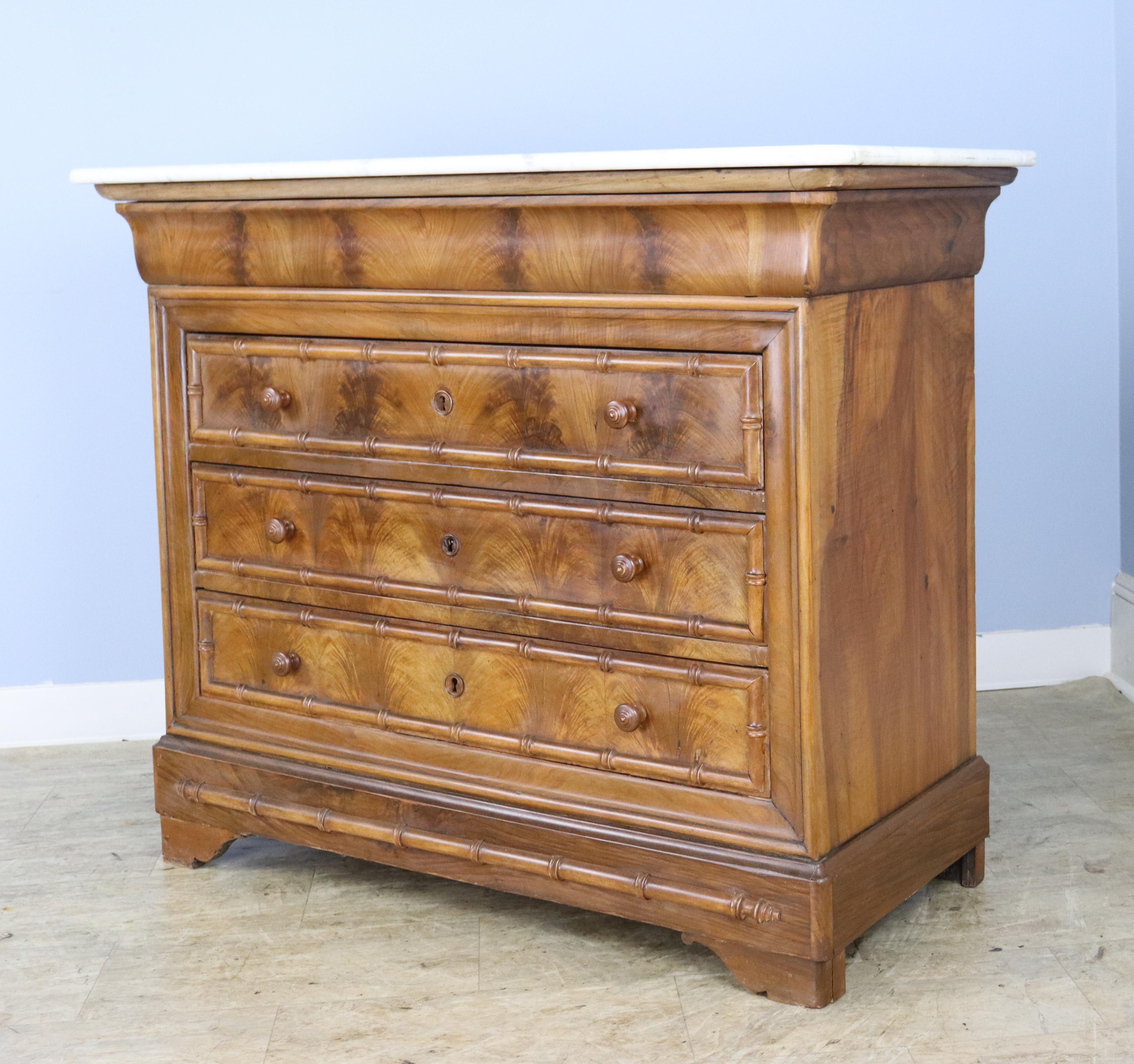 Walnut Louis Philippe Commode with Bamboo Mouldings and Marble Top In Good Condition For Sale In Port Chester, NY