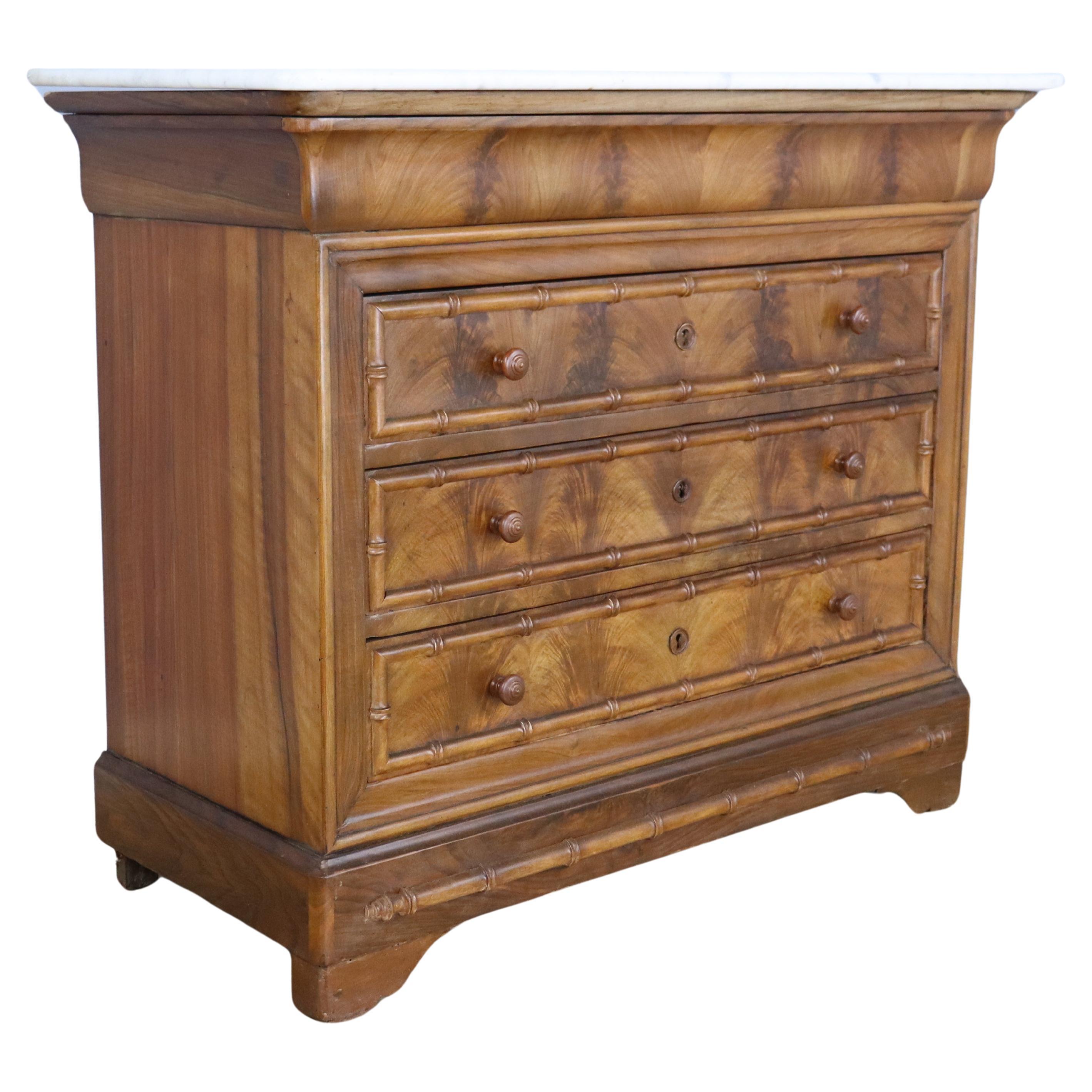 Walnut Louis Philippe Commode with Bamboo Mouldings and Marble Top For Sale