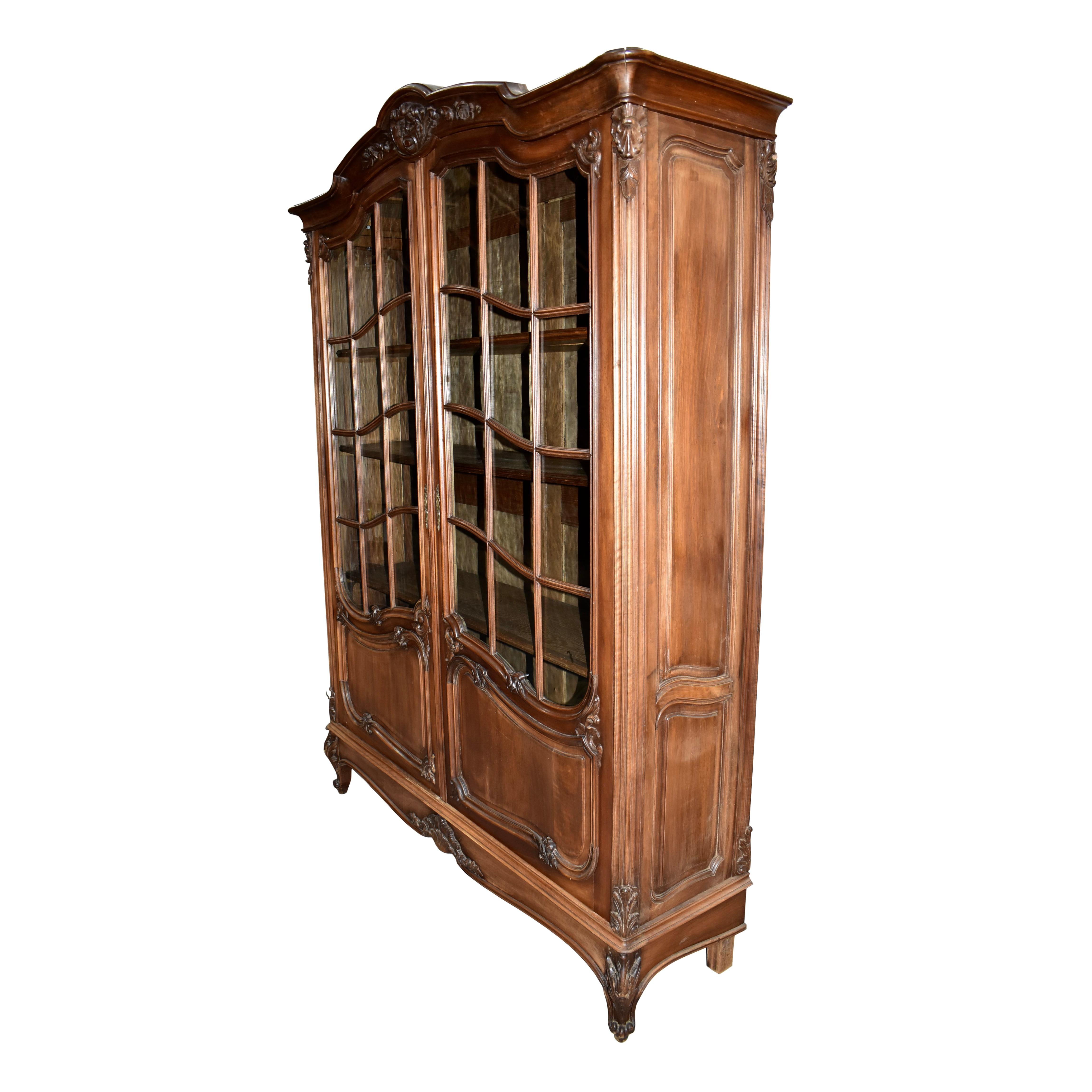 Belgian Walnut Louis XV Bookcase with Glass Doors, circa 1890 For Sale
