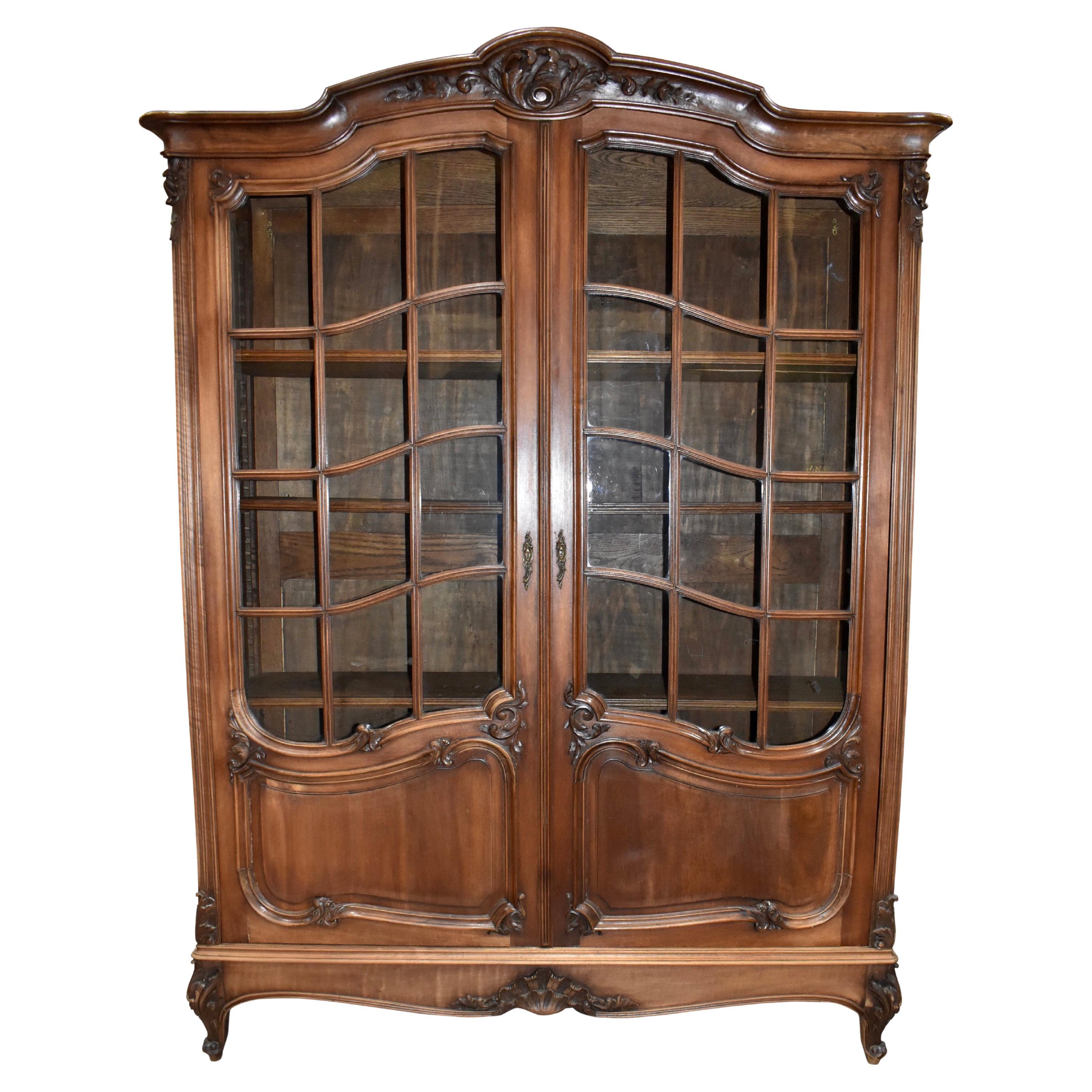 Walnut Louis XV Bookcase with Glass Doors, circa 1890 For Sale