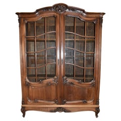 Antique Walnut Louis XV Bookcase with Glass Doors, circa 1890