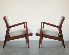 Walnut Lounge Chairs in Grey Linen by Jens Risom, Model U430, C. 1950s