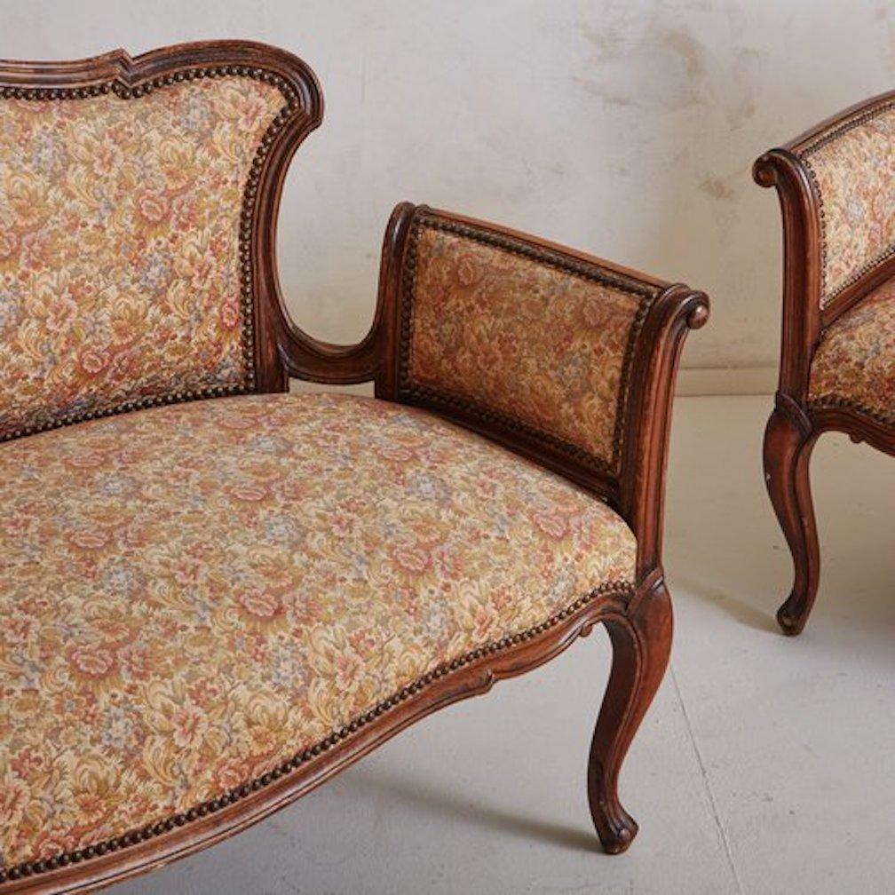 Walnut Loveseat in Original Floral Fabric, France, 20th Century, 2 Available 4
