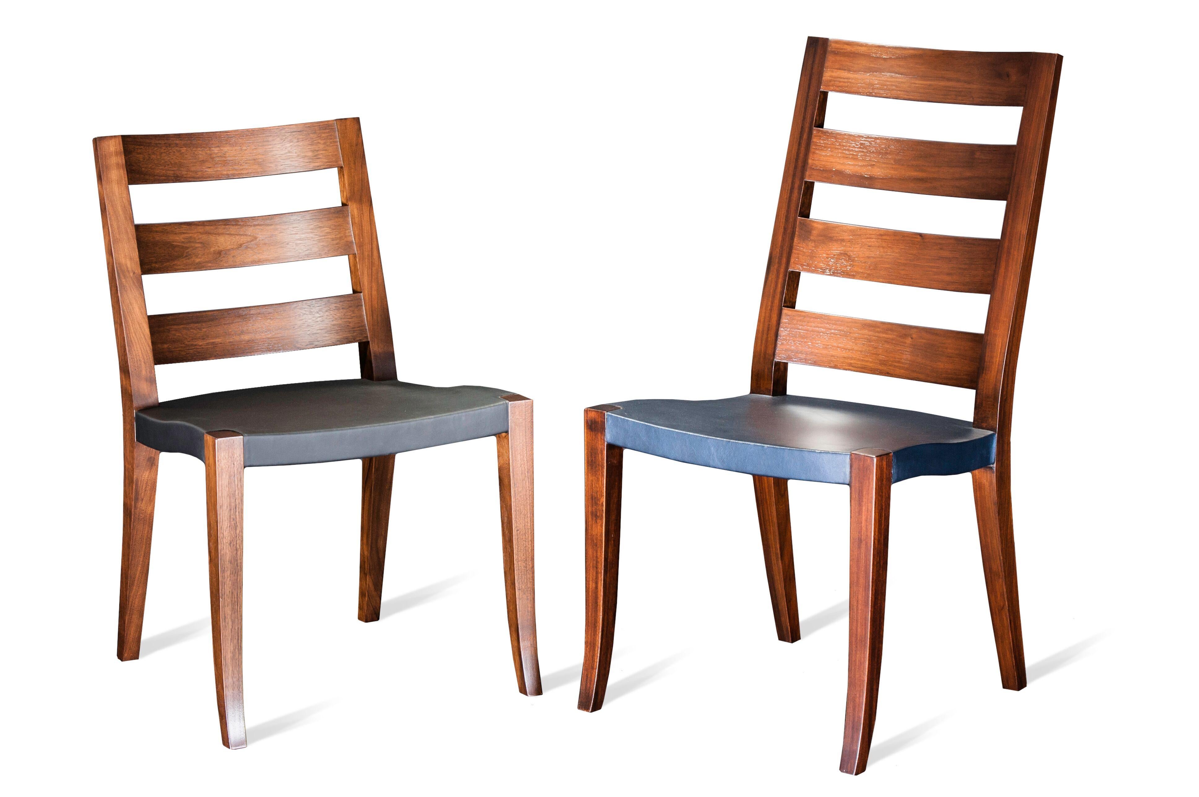 American Craftsman Walnut Low and High Slat Back Chairs with Slung Leather Seat For Sale