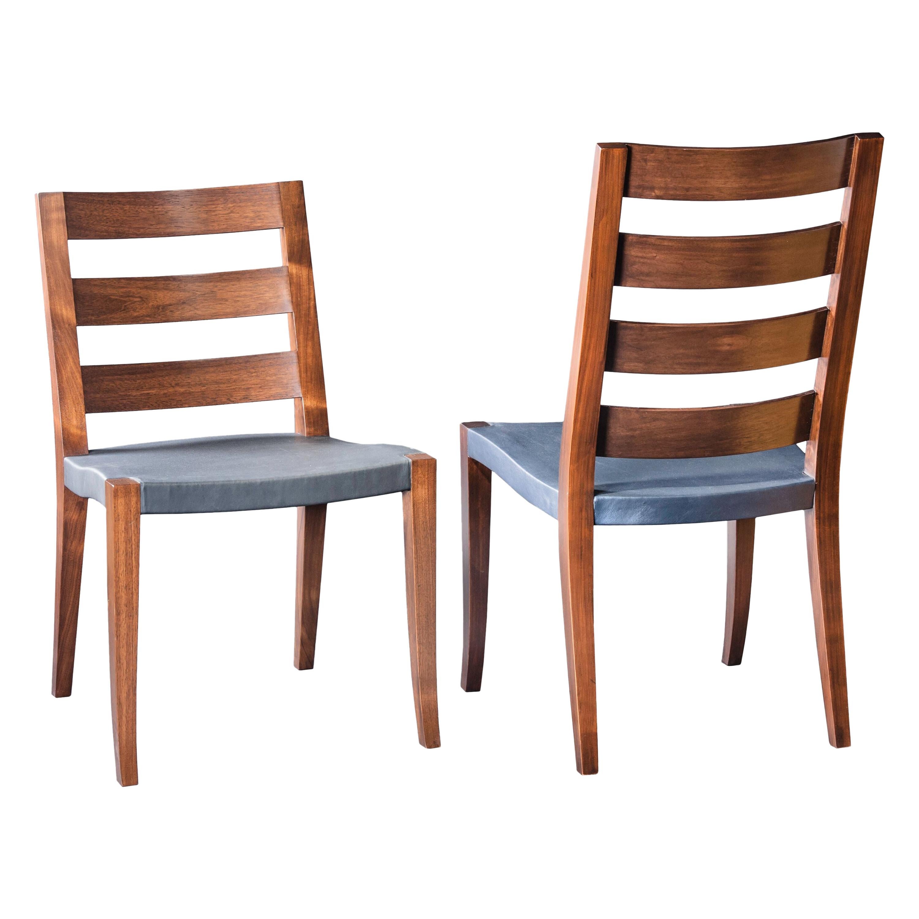 Walnut Low and High Slat Back Chairs with Slung Leather Seat