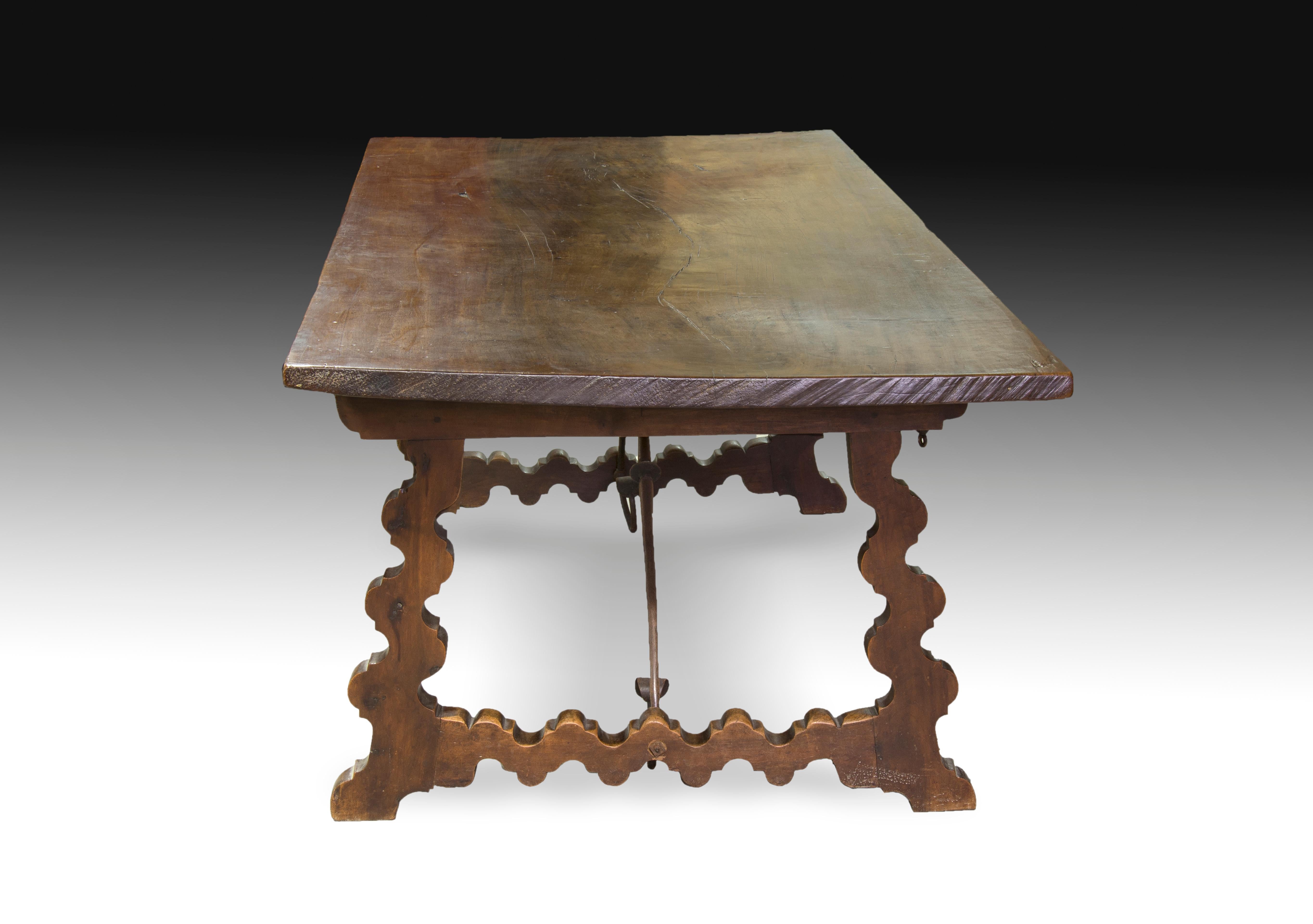 Baroque Walnut “Lyre Legs” Table with Wrought Iron Fasteners, Spain, Castille